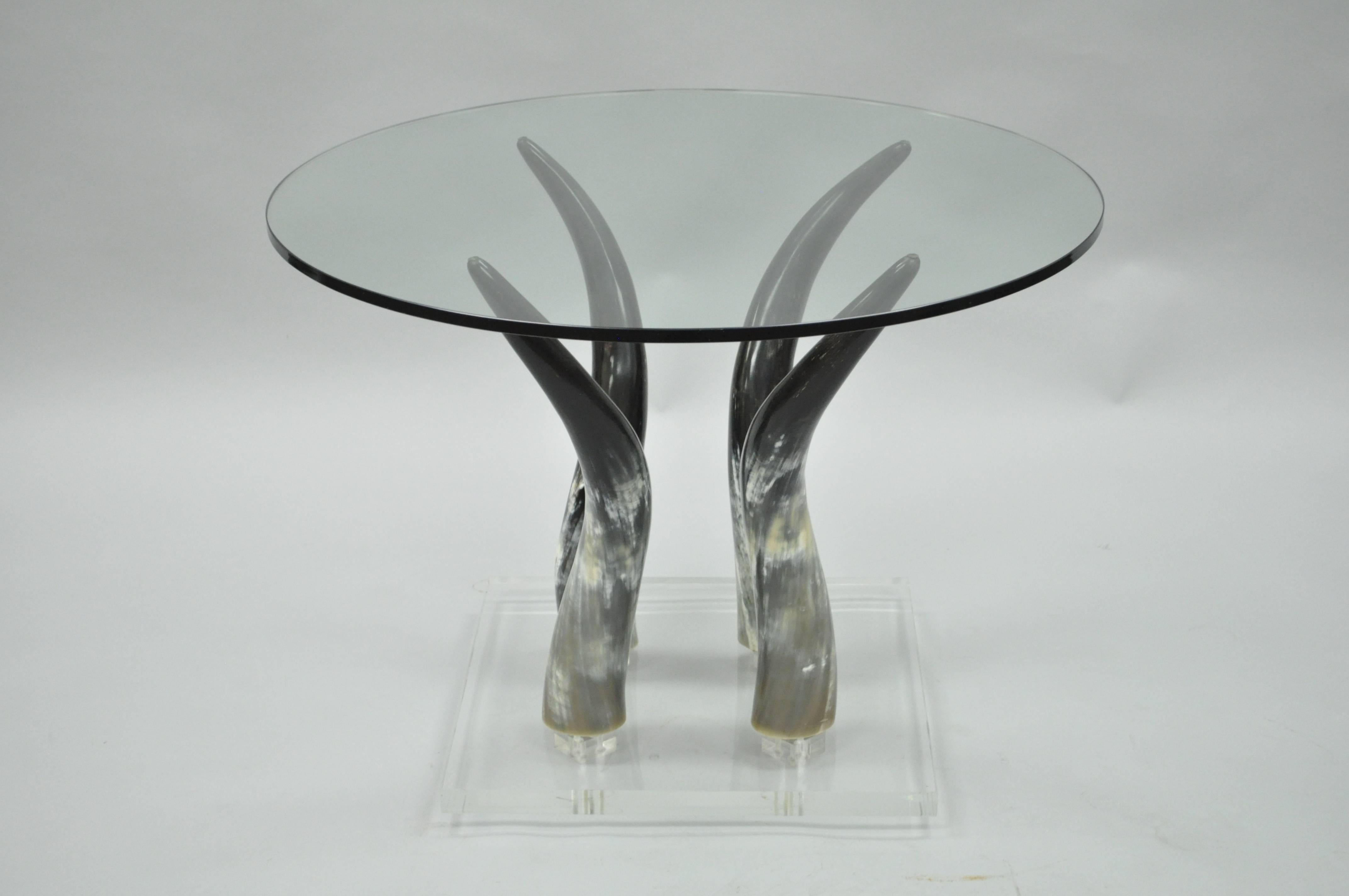 Mid Century Modern Chic Lucite and Horn Round Glass Occasional Side Table 4