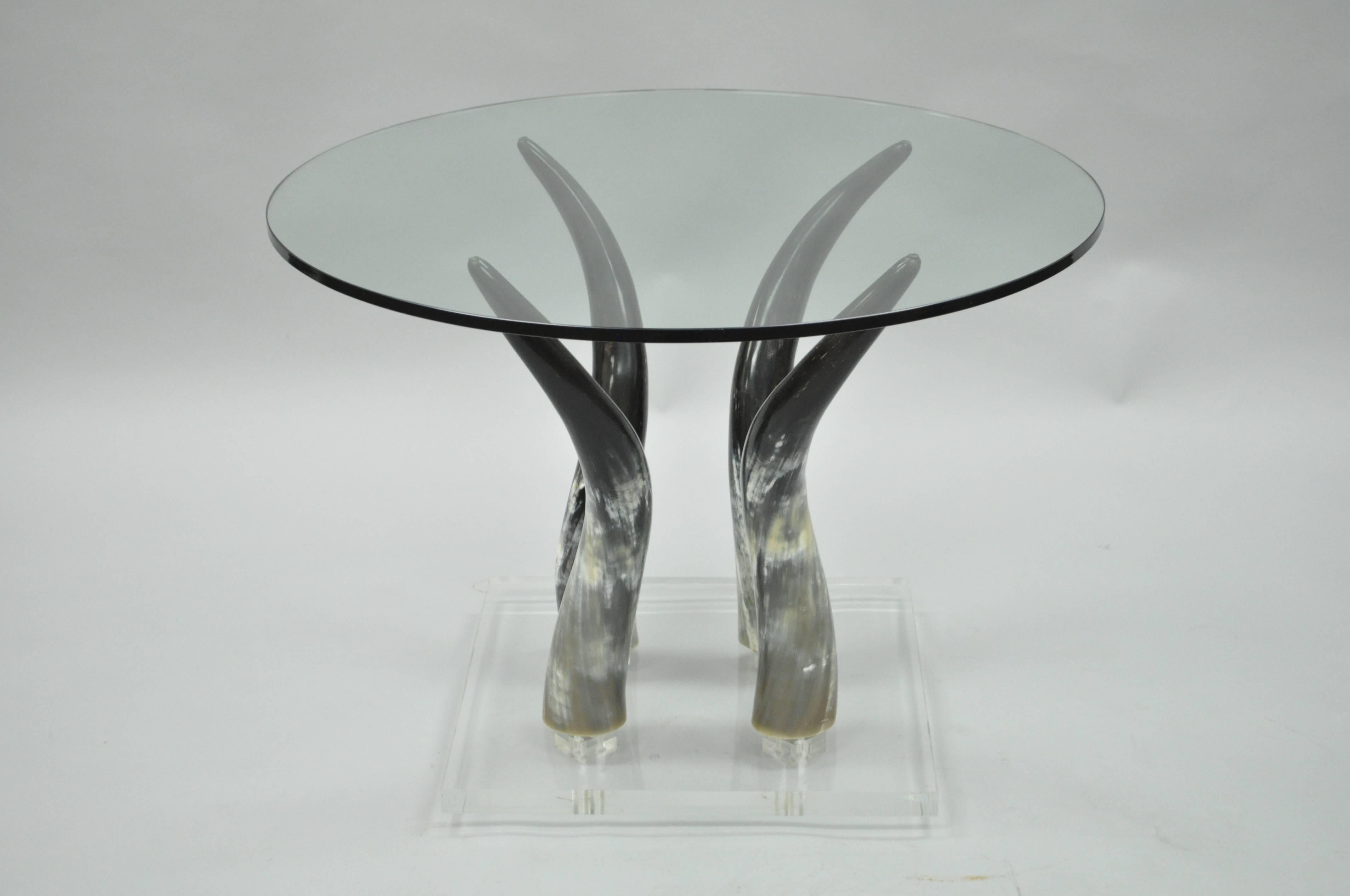 Mid Century Modern Chic Lucite and Horn Round Glass Occasional Side Table For Sale 4