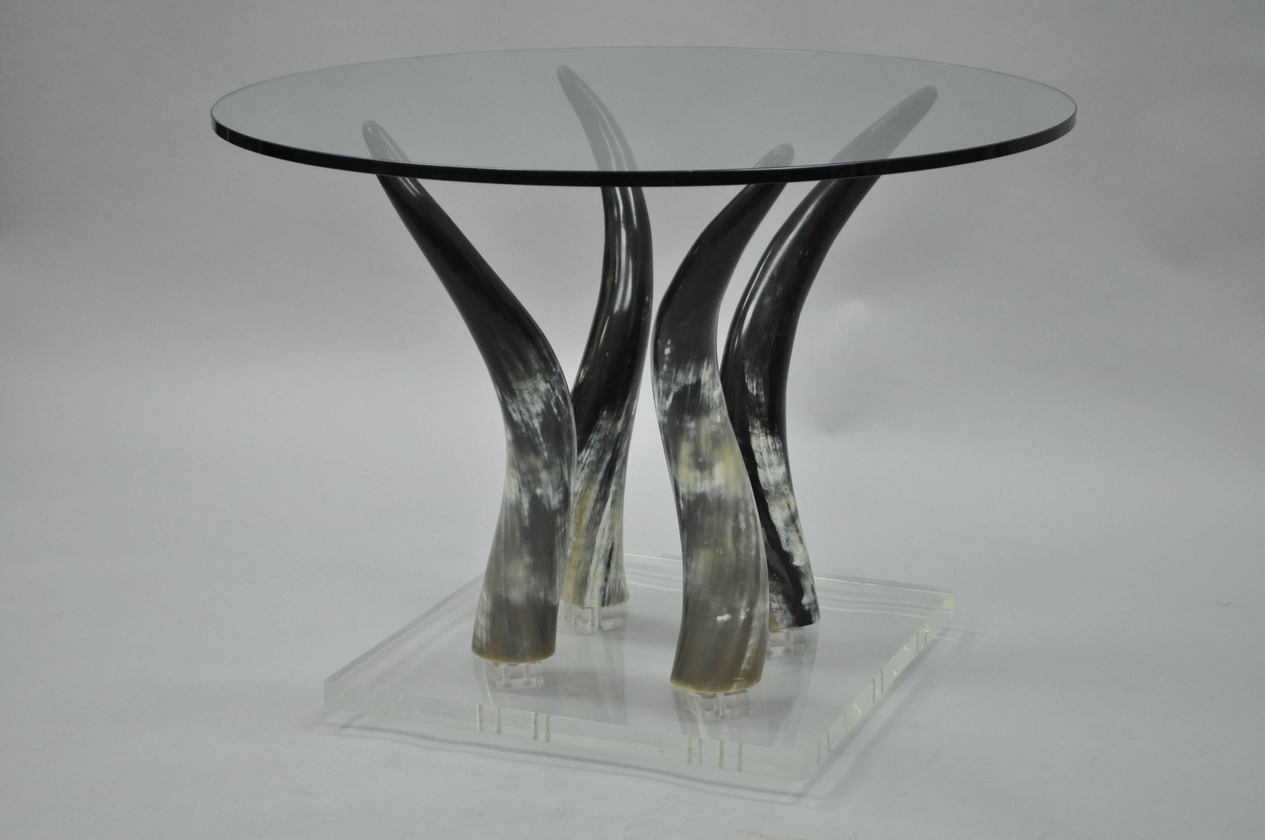 Mid Century Modern Chic Lucite and Horn Round Glass Occasional Side Table In Good Condition For Sale In Philadelphia, PA