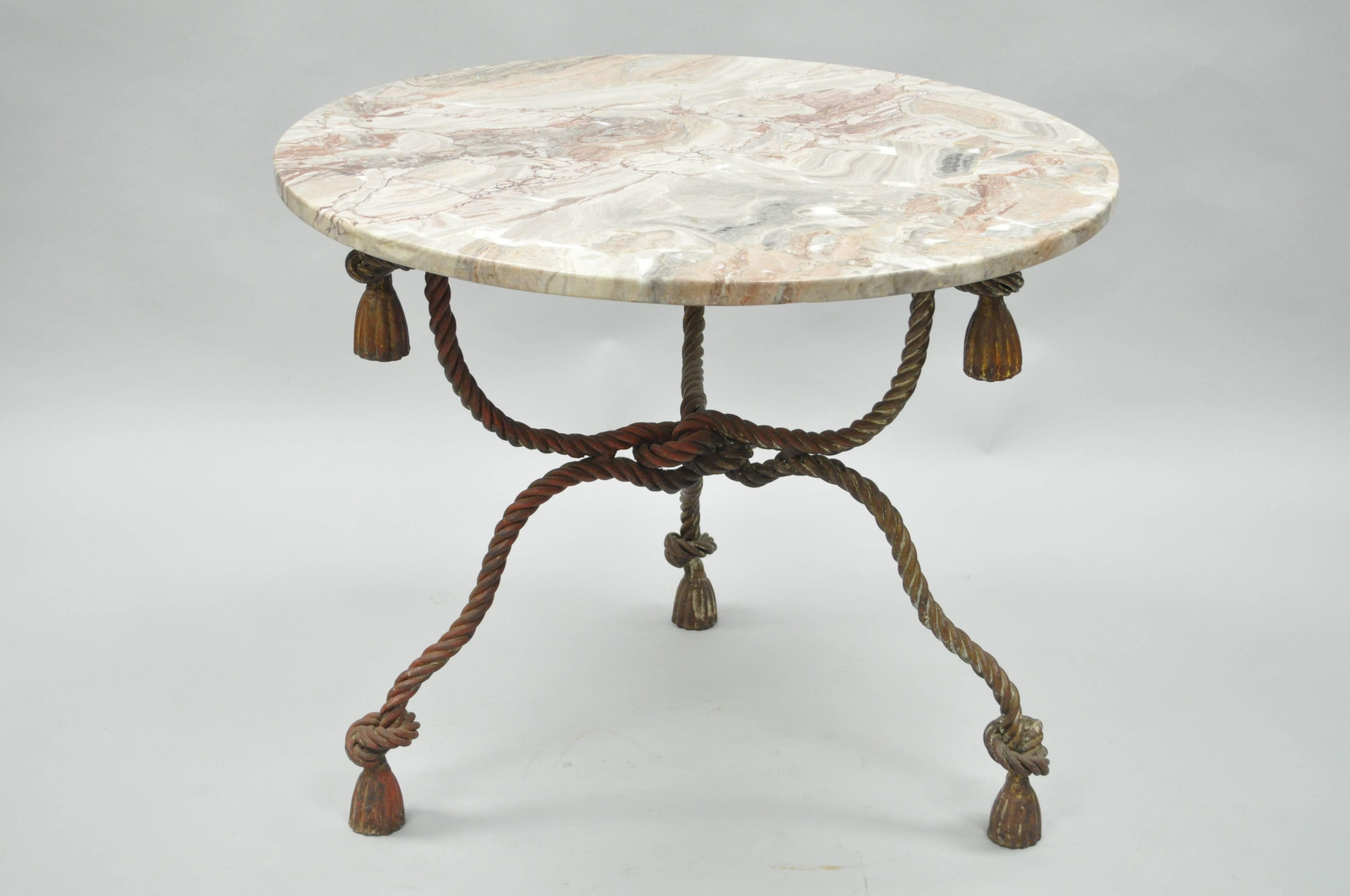 1940s Italian Marble-Top Rope Turned Round Tassel Form Iron Center Table 4