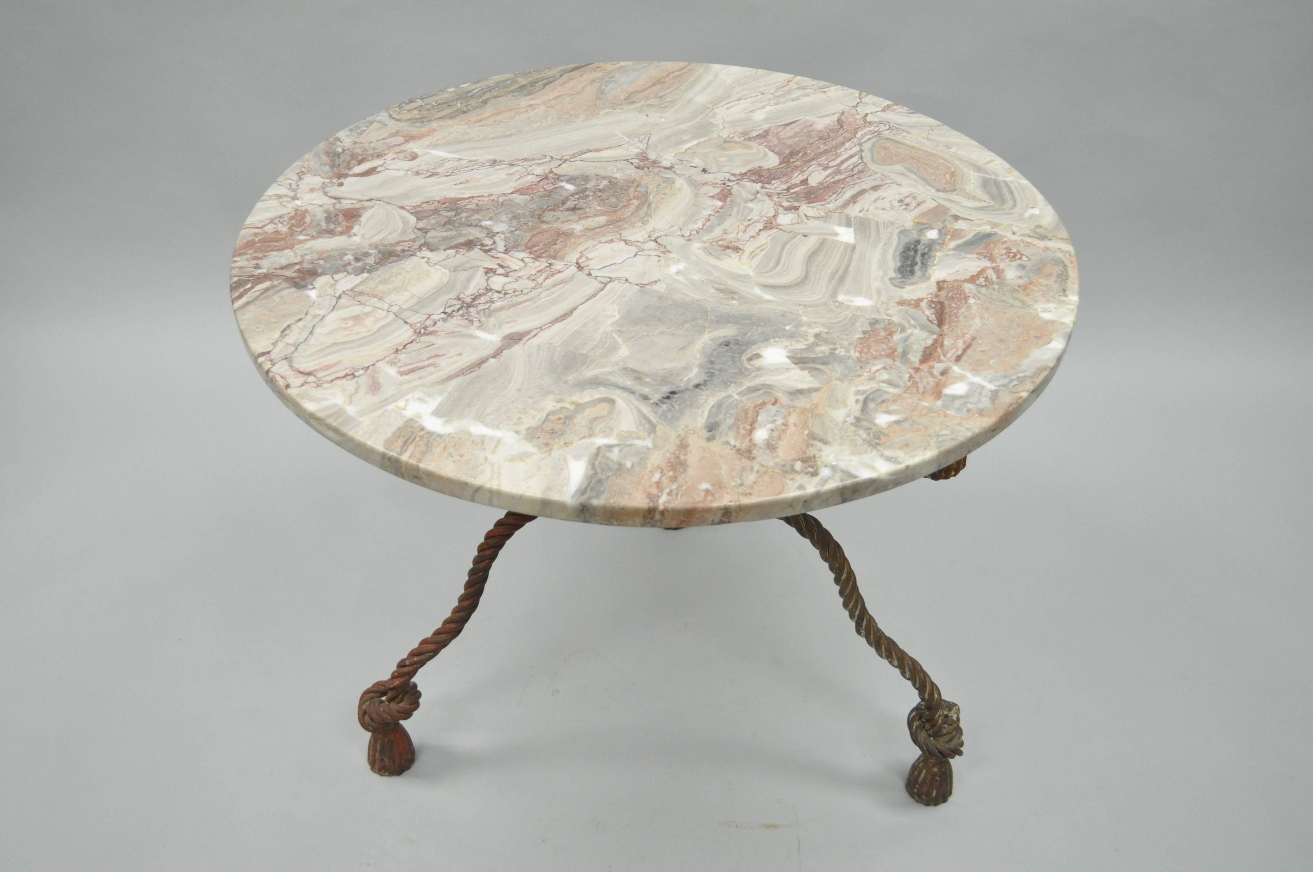 Hollywood Regency 1940s Italian Marble-Top Rope Turned Round Tassel Form Iron Center Table