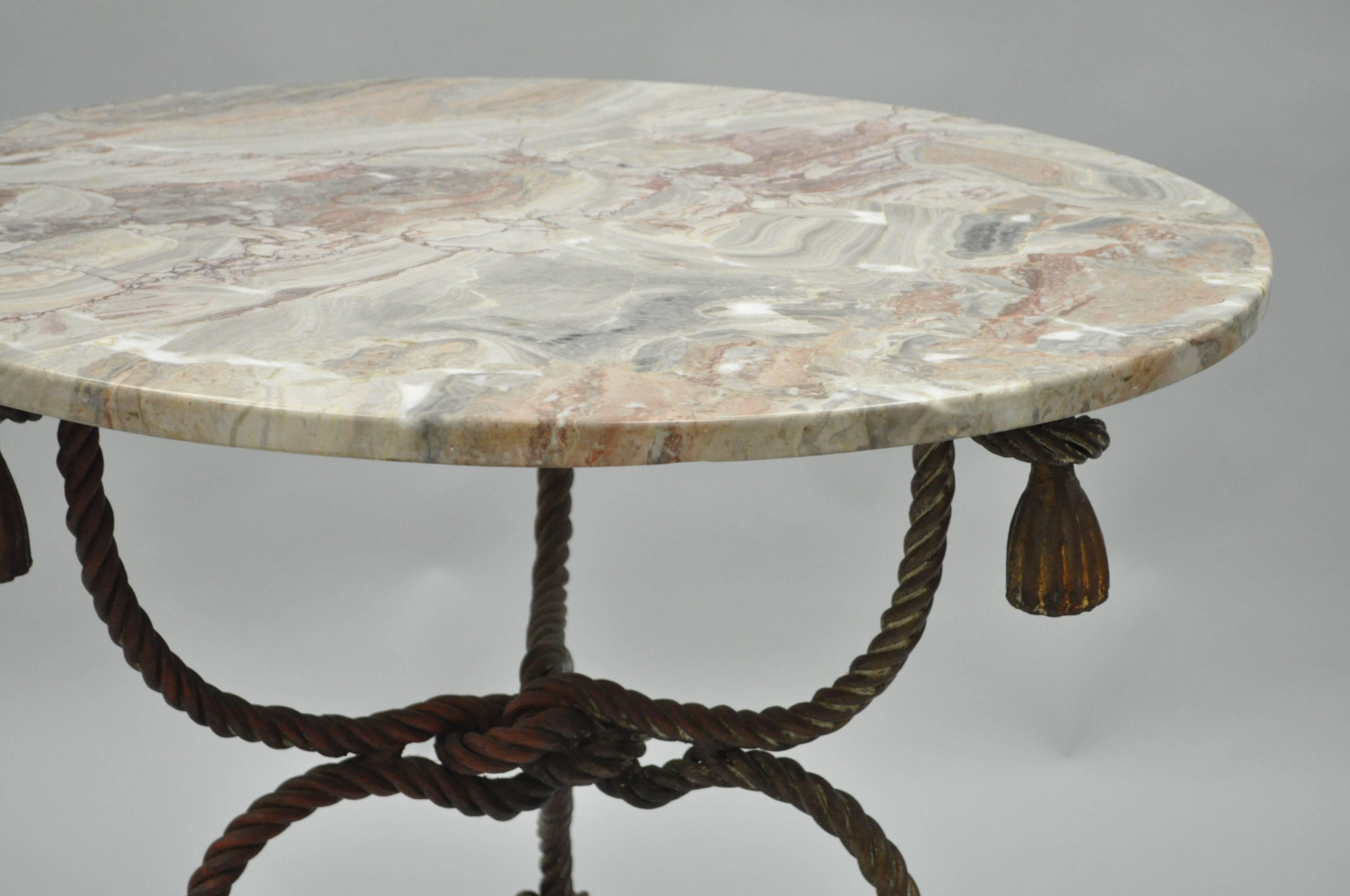 1940s Italian Marble-Top Rope Turned Round Tassel Form Iron Center Table 2