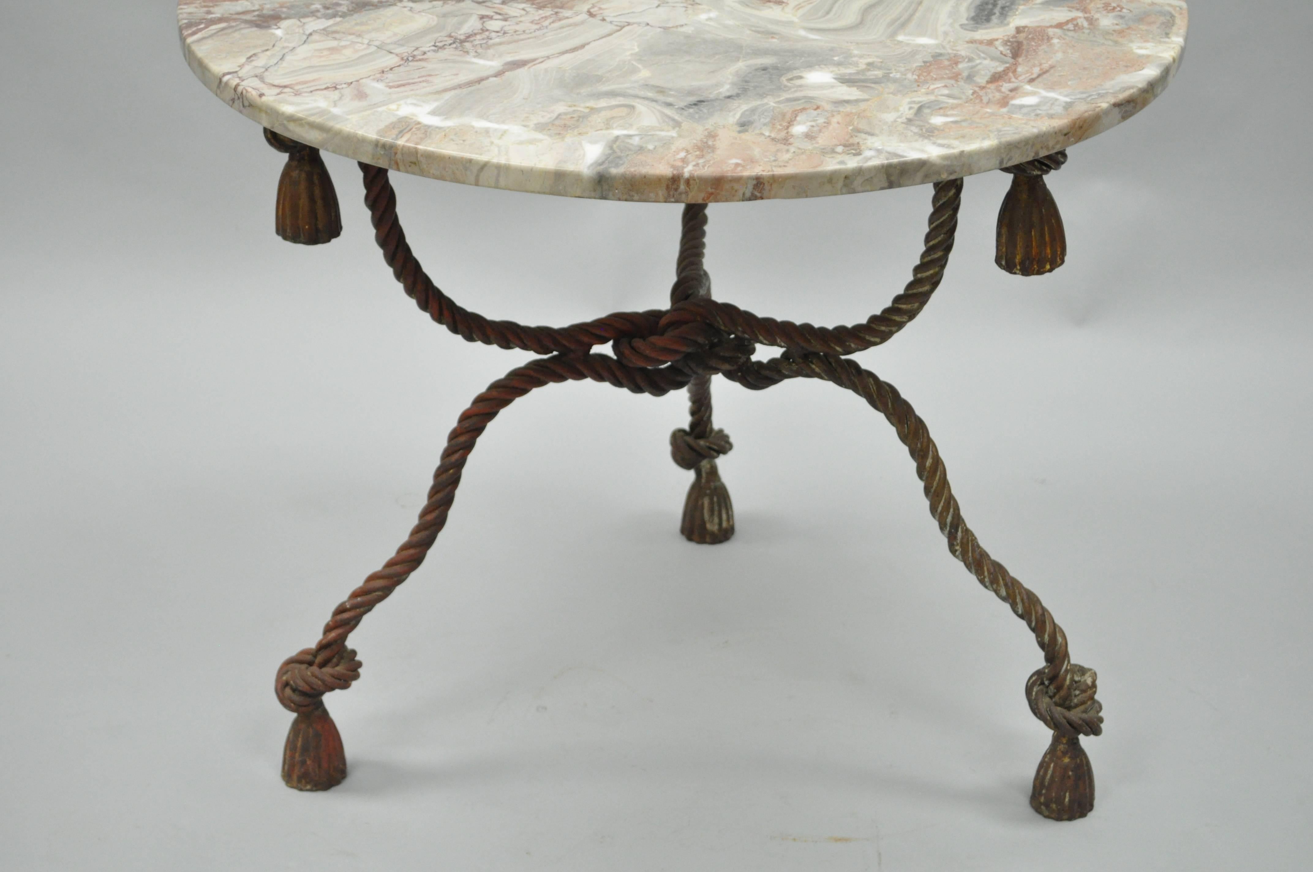 1940s Italian Marble-Top Rope Turned Round Tassel Form Iron Center Table In Excellent Condition In Philadelphia, PA