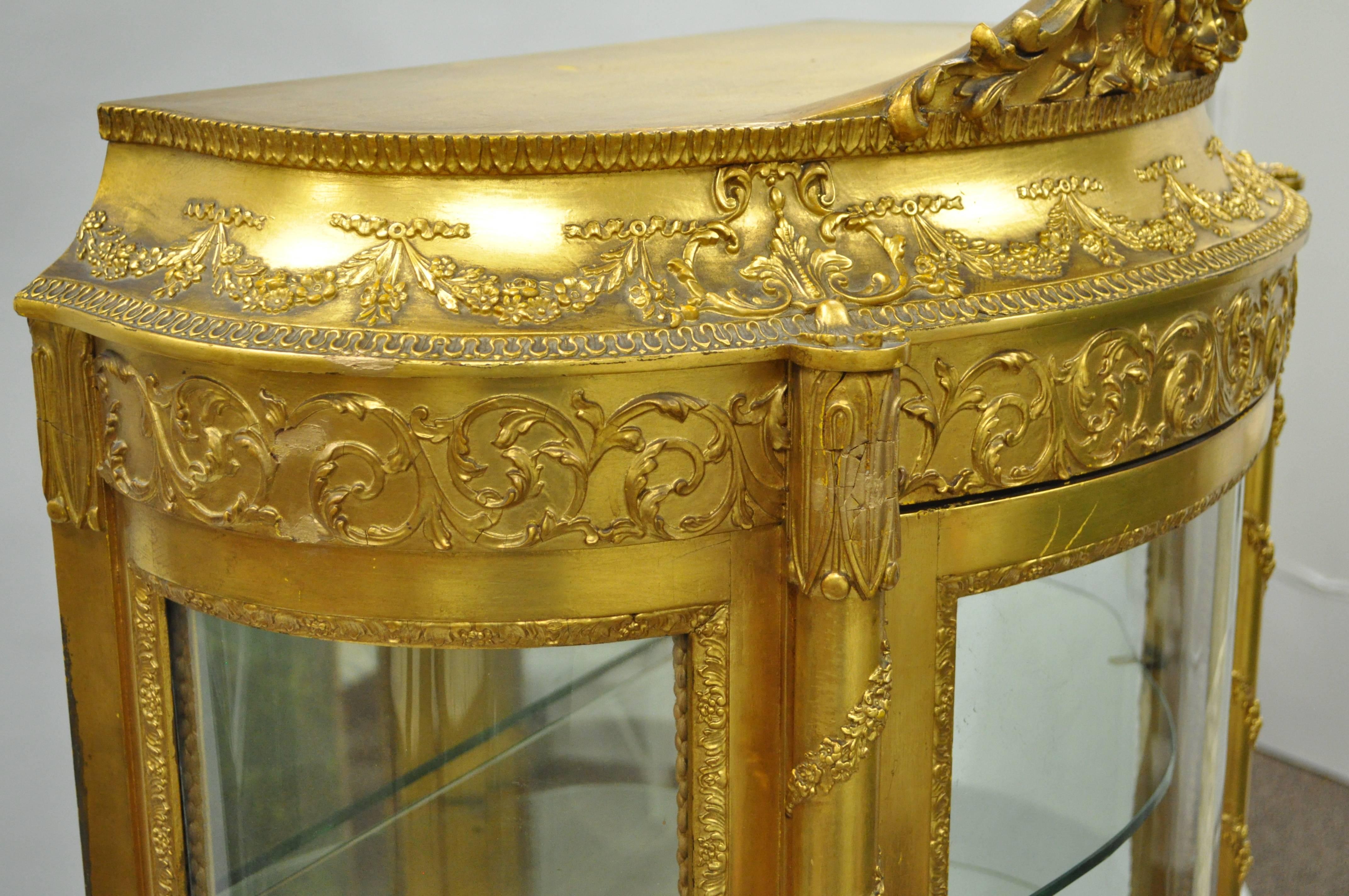 Giltwood French Louis XV Gold Gilt Wood Vernis Martin Curved Glass Vitrine Curio Cabinet