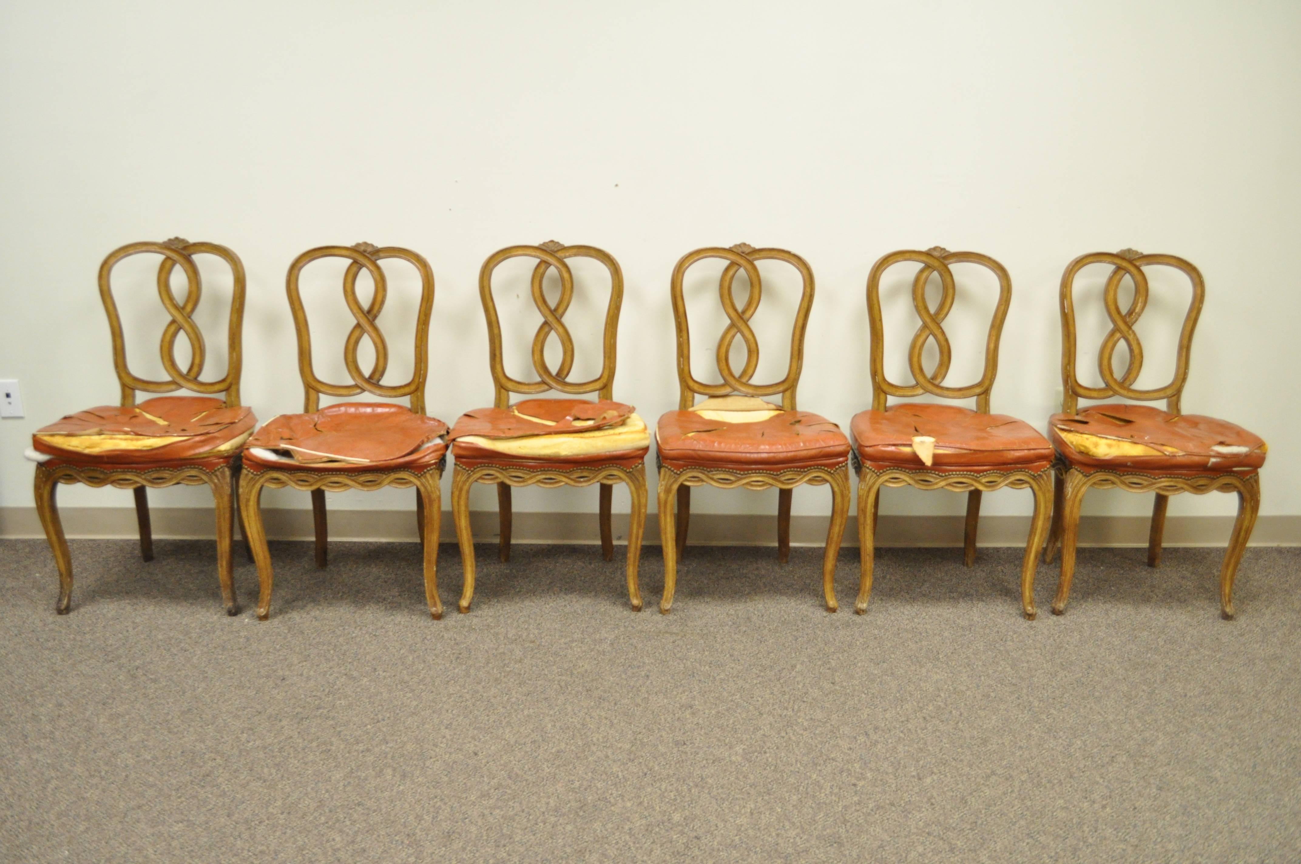 6 chaises de salle à manger rococo à dossier ruban Pretzel de style Hollywood Regency provincial français en vente 4