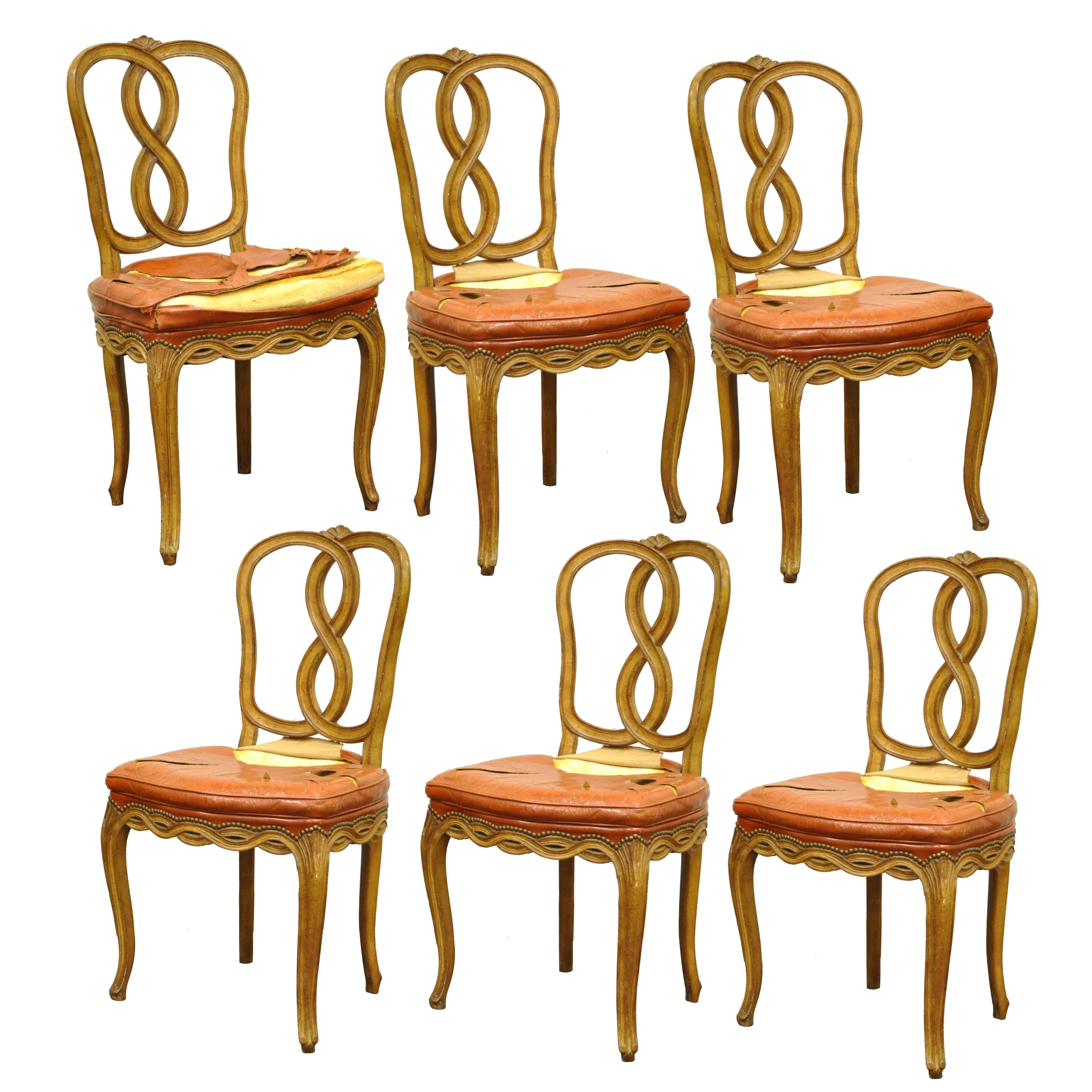 6 chaises de salle à manger rococo à dossier ruban Pretzel de style Hollywood Regency provincial français en vente