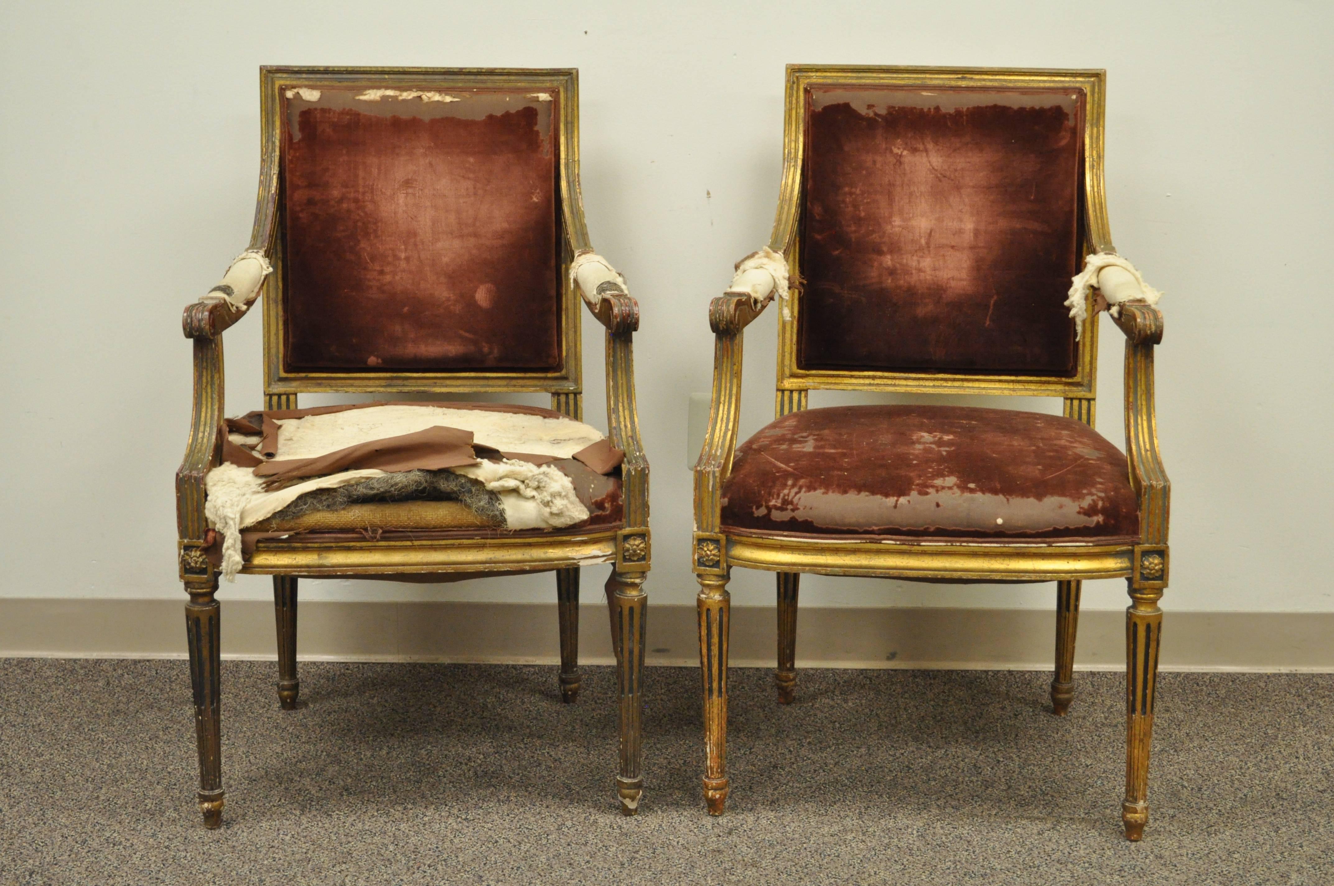 Elegant pair of French Louis XVI style giltwood armchairs. These late 19th century French chairs features reeded and tapered legs, square backs and classic Louis XVI form. Original antique condition. 27