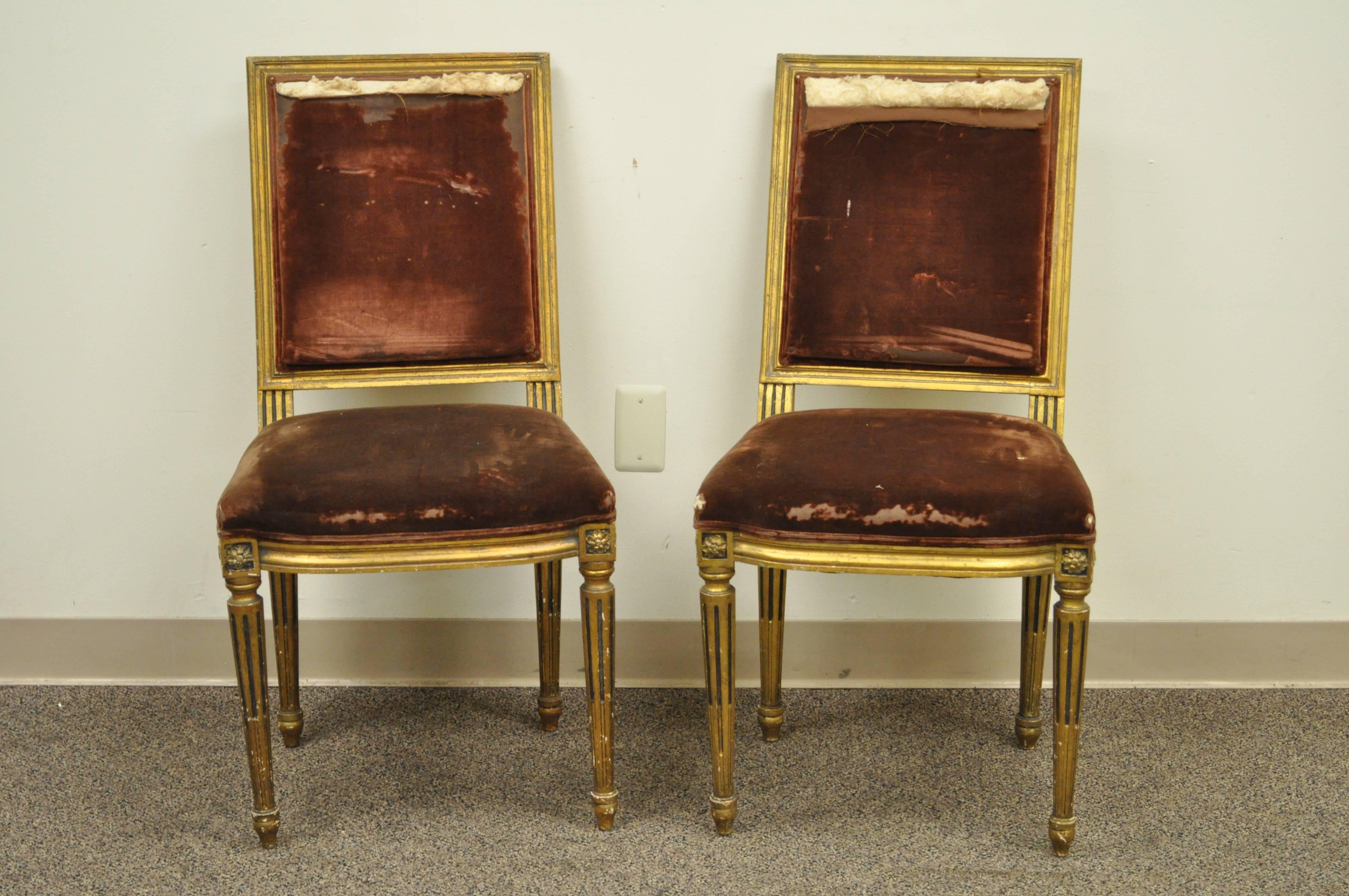 Set of Four Gold Giltwood 19th Century French Louis XVI Style Dining Side Chairs In Fair Condition In Philadelphia, PA