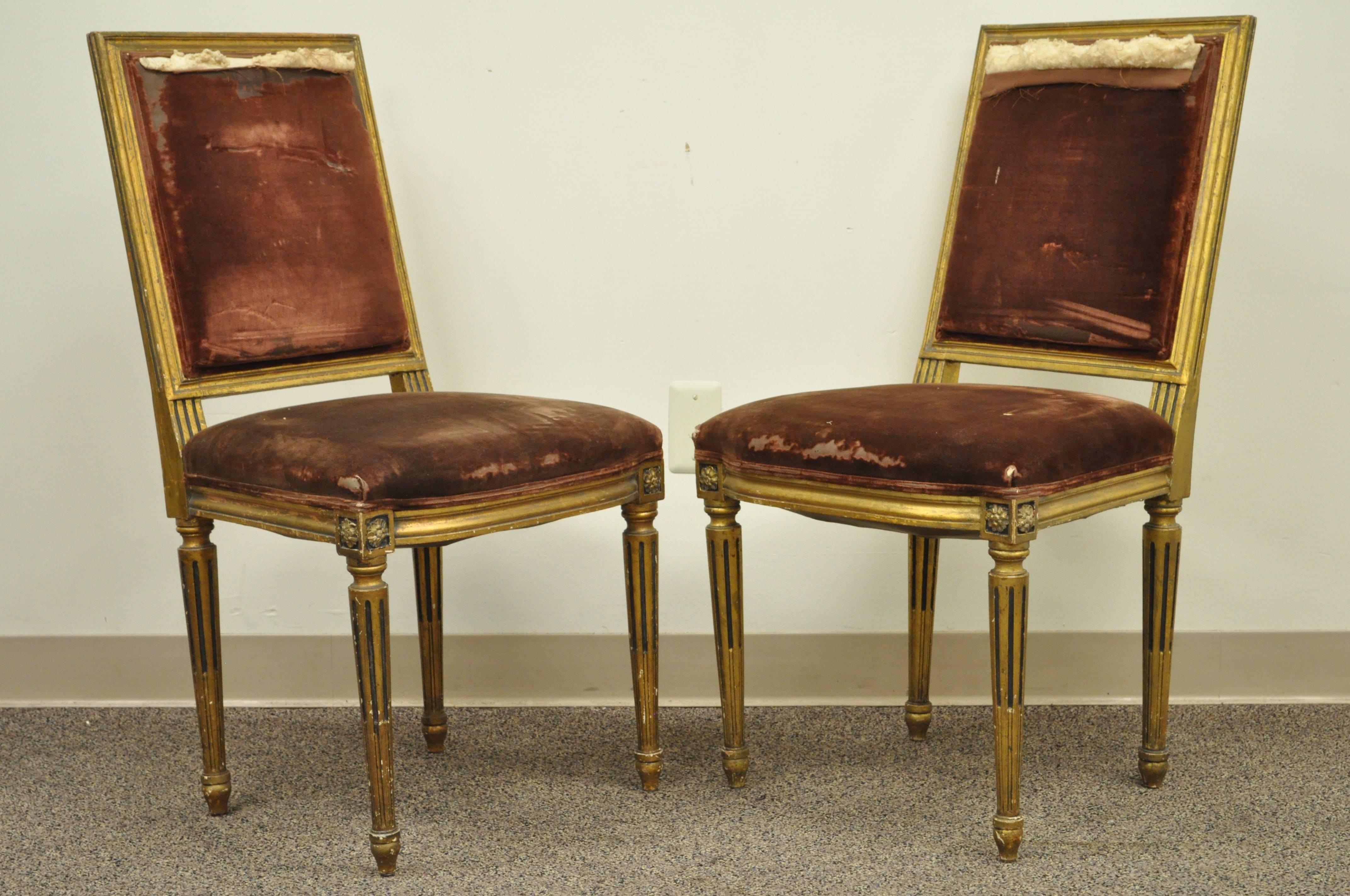 Set of Four Gold Giltwood 19th Century French Louis XVI Style Dining Side Chairs 5