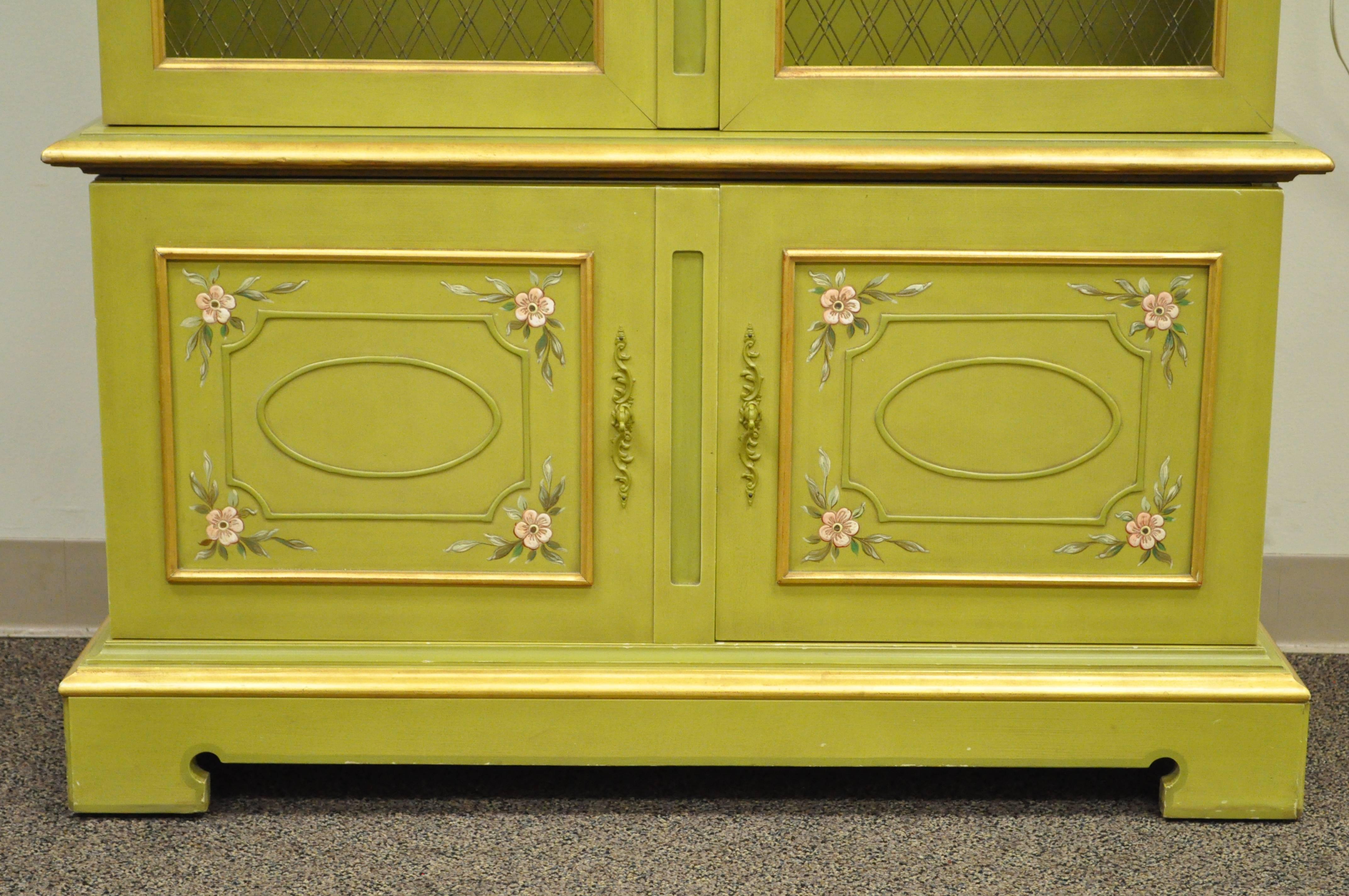 John Widdicomb Green Bonnet Top French Hollywood Regency Bookcase Cabinet Curio In Good Condition In Philadelphia, PA