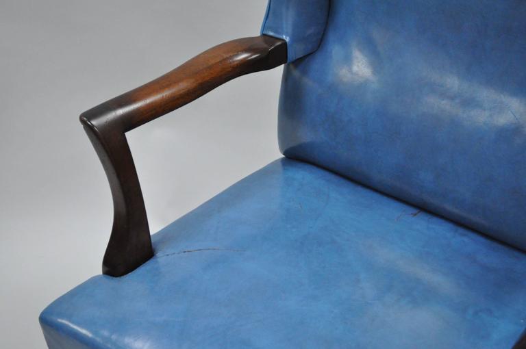 Mid20th Century Blue Leather Office Desk Chair on Casters After Edward