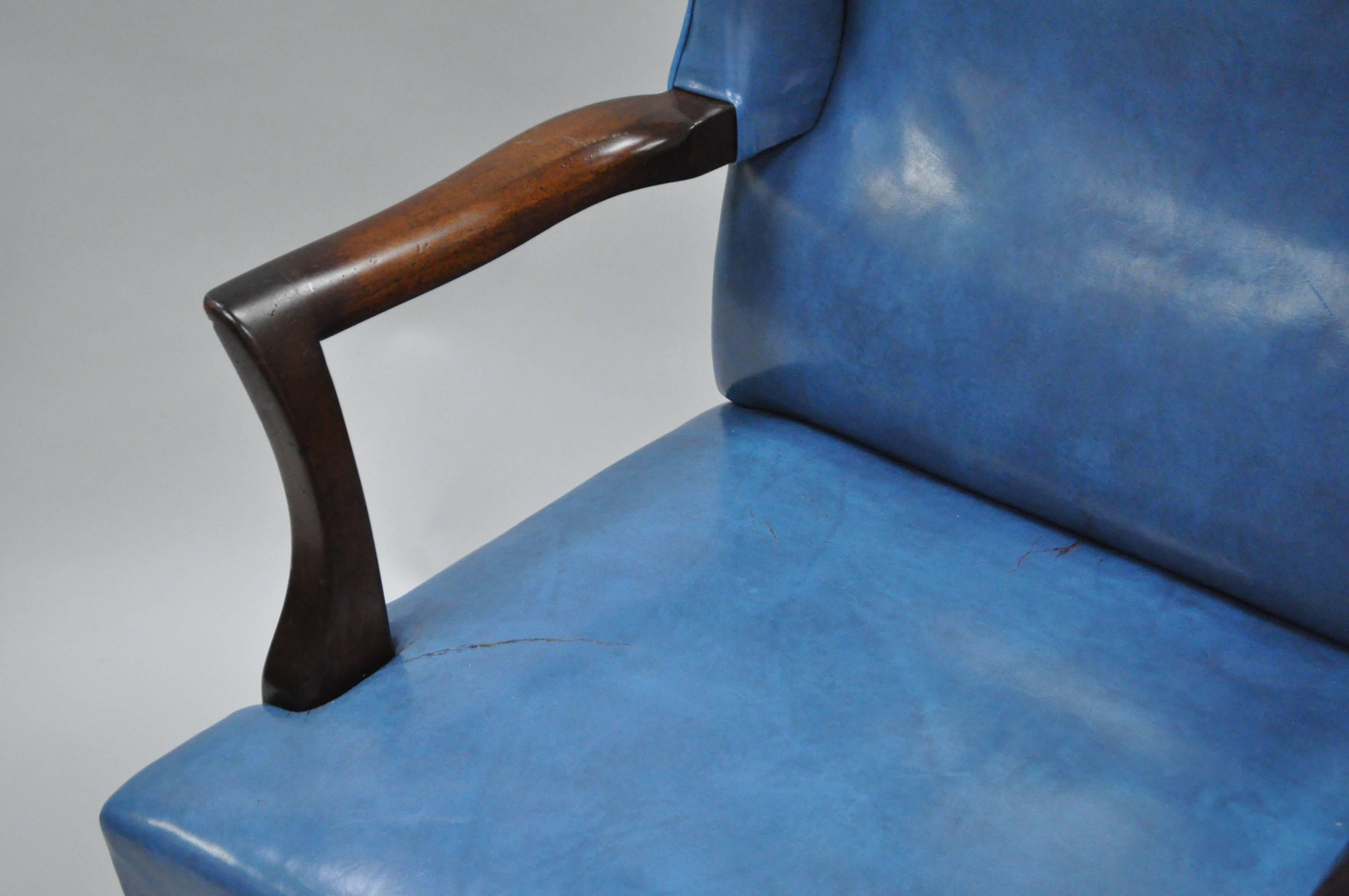 American Blue Leather Mahogany Sloane Office Desk Library Wing Chair After Edward Wormley