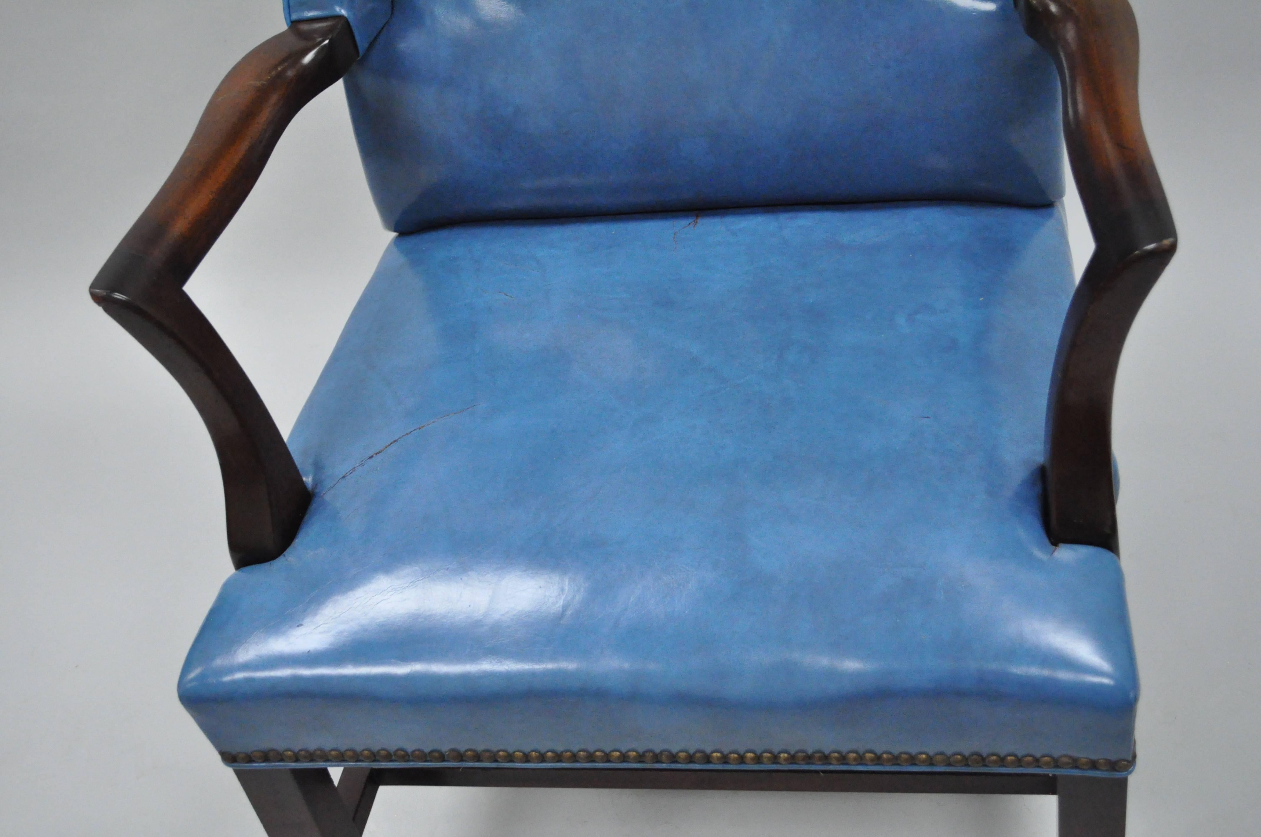 Mid-20th Century Blue Leather Mahogany Sloane Office Desk Library Wing Chair After Edward Wormley