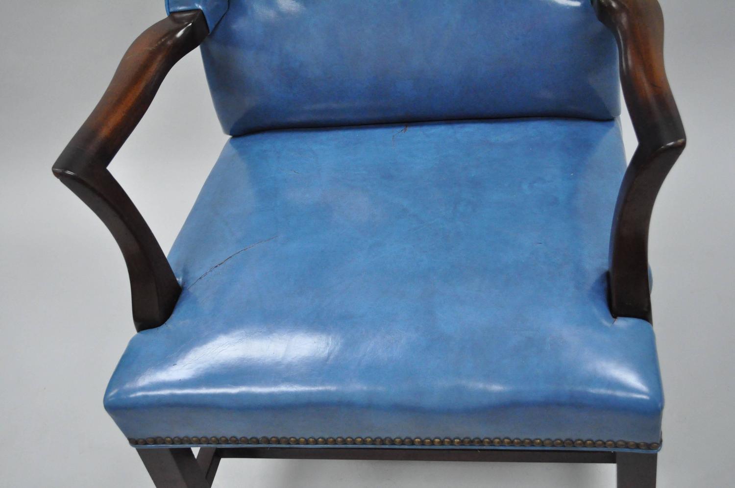 Mid20th Century Blue Leather Office Desk Chair on Casters After Edward