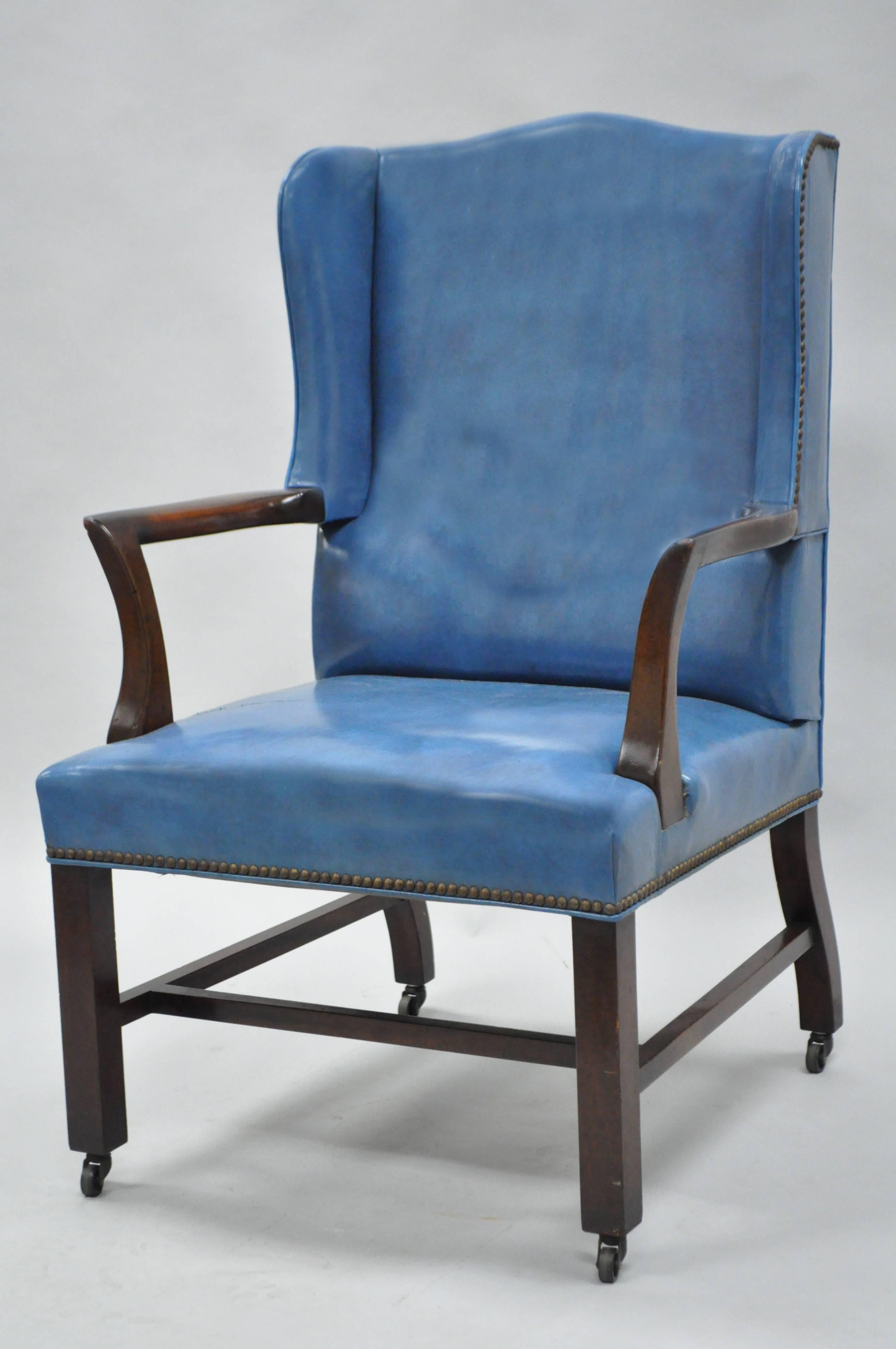Blue Leather Mahogany Sloane Office Desk Library Wing Chair After Edward Wormley 3