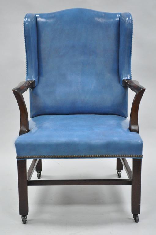 Mid20th Century Blue Leather Office Desk Chair on Casters After Edward