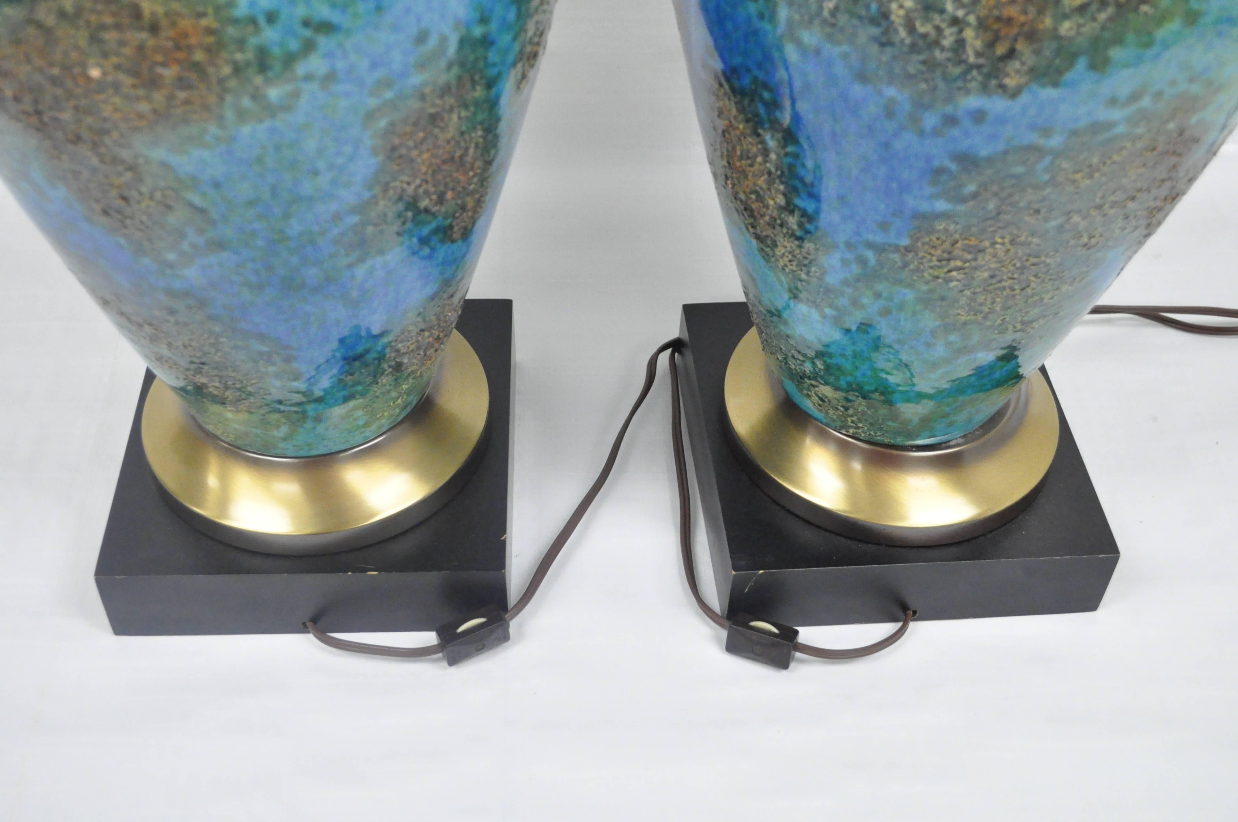 Pair of Mid Century Italian Modern Blue Glazed Ceramic Pottery Table Lamps For Sale 4