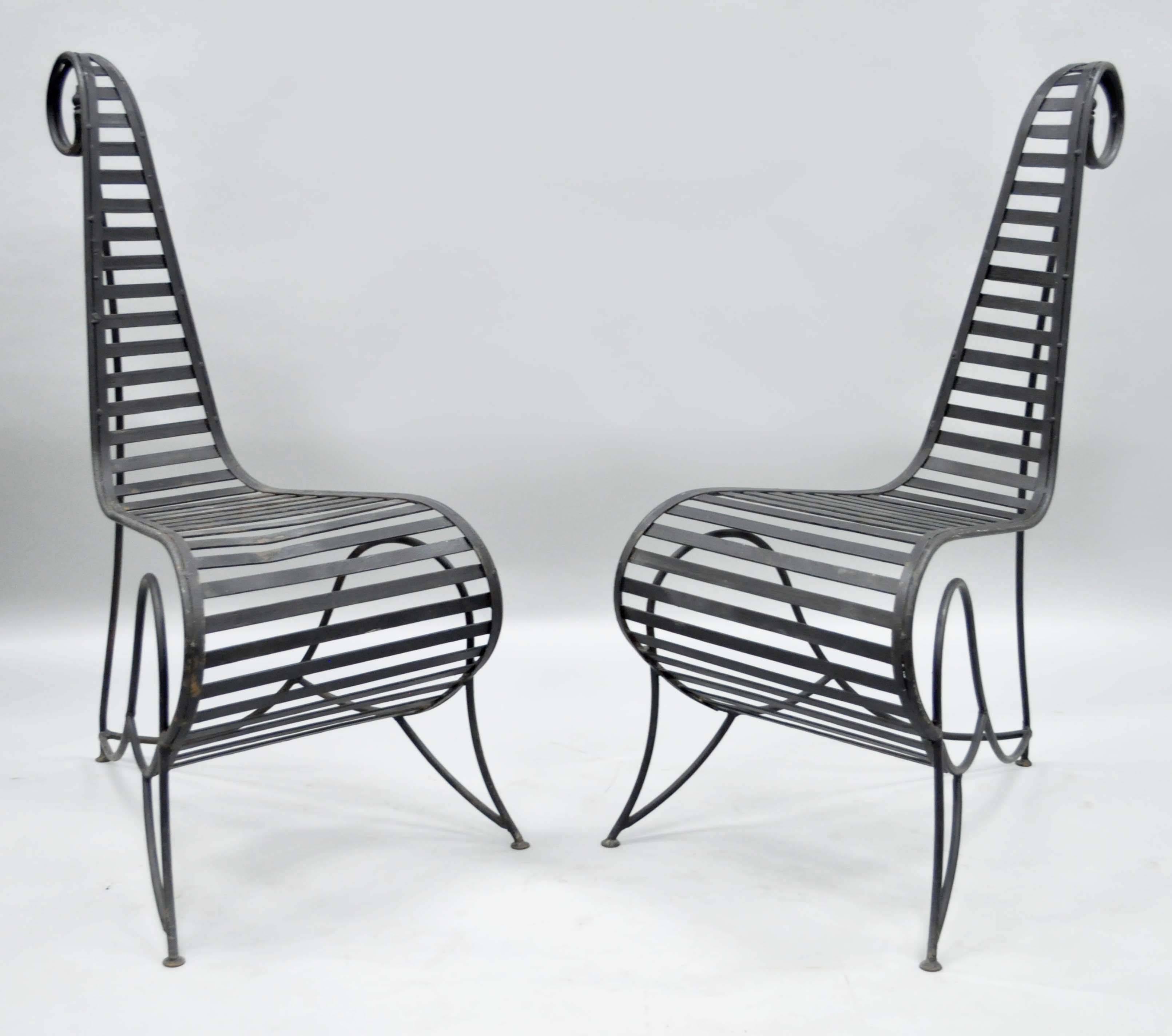 Pair of Vintage Whimsical Steel Iron Spine Lounge Chairs after André Dubreuil 2