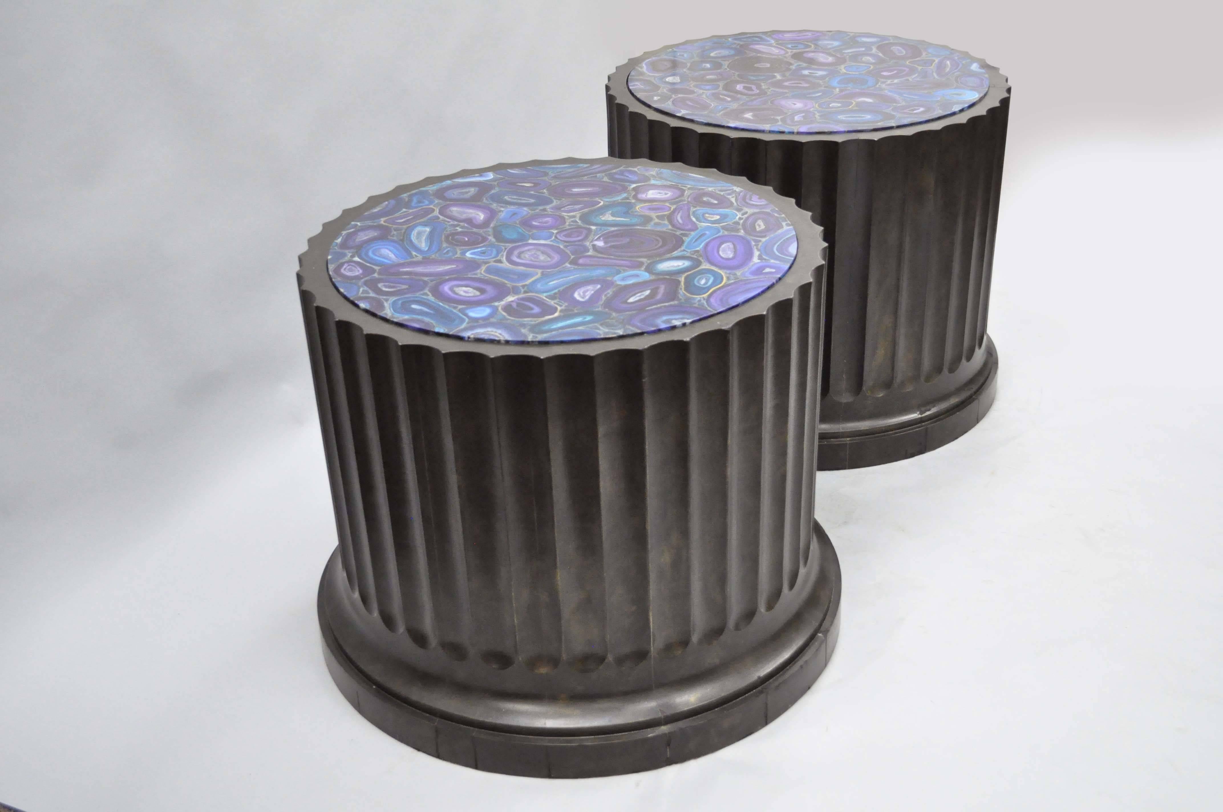 Impressive and large pair of Mid-Late 20th century custom-made fluted column pedestal stands with faux purple malachite specimen painted tops. This substantial pair of architectural pedestal tables is made of solid wood with black distress painted