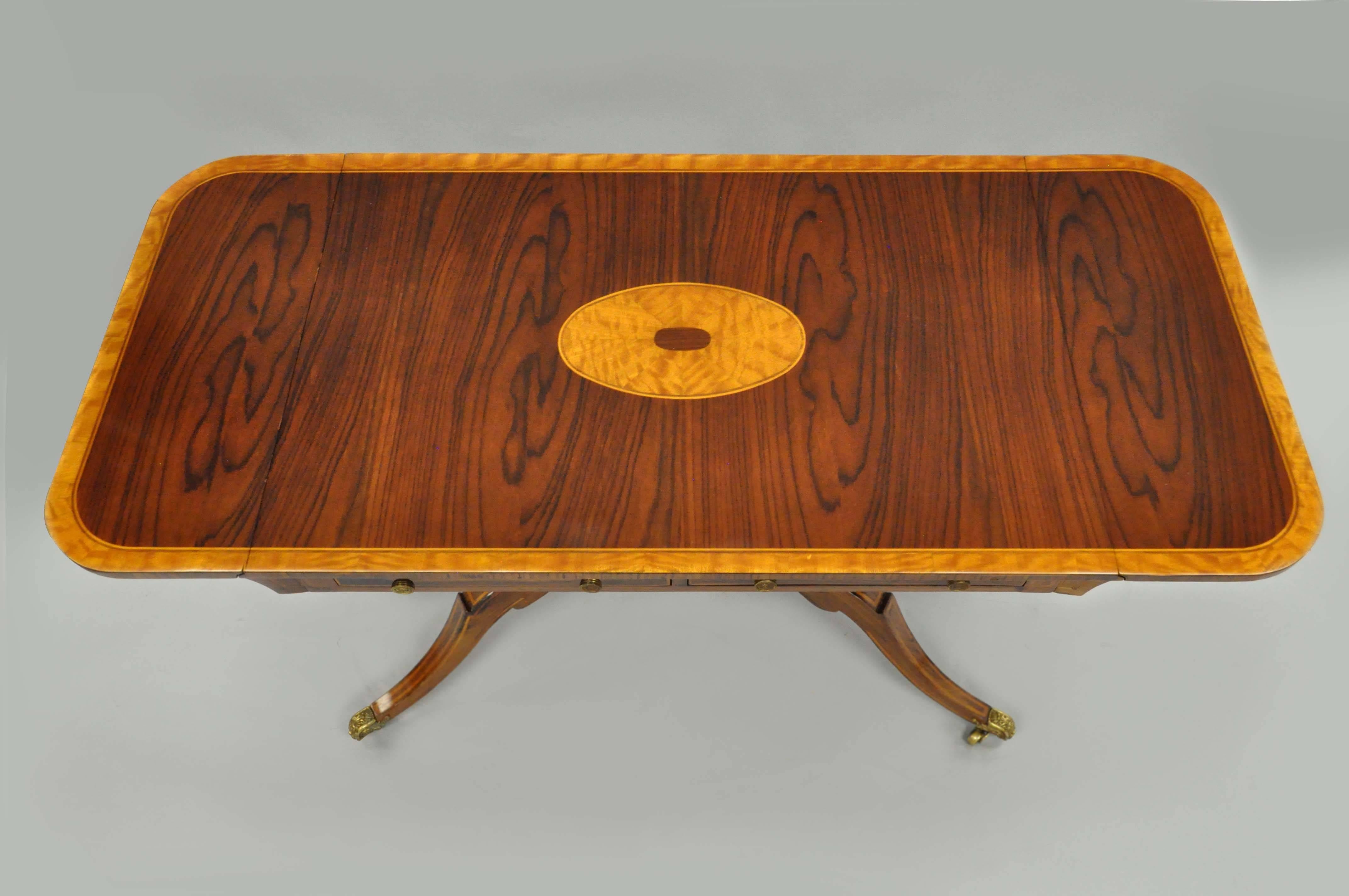 Late 20th Century Regency Drop Leaf Mahogany & Rosewood Console Sofa Table Attr. to Maitland Smith
