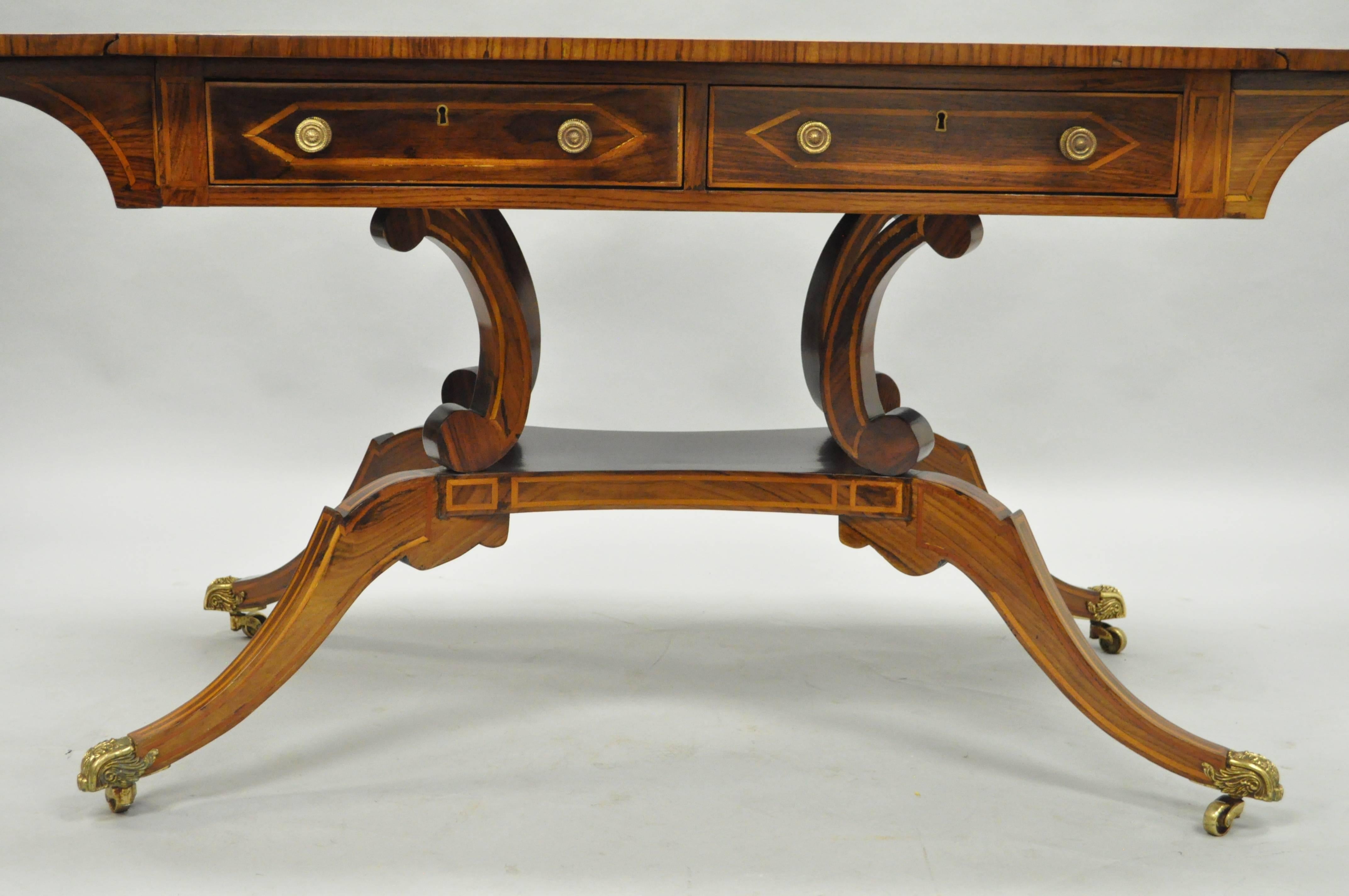 Regency Drop Leaf Mahogany & Rosewood Console Sofa Table Attr. to Maitland Smith In Good Condition In Philadelphia, PA