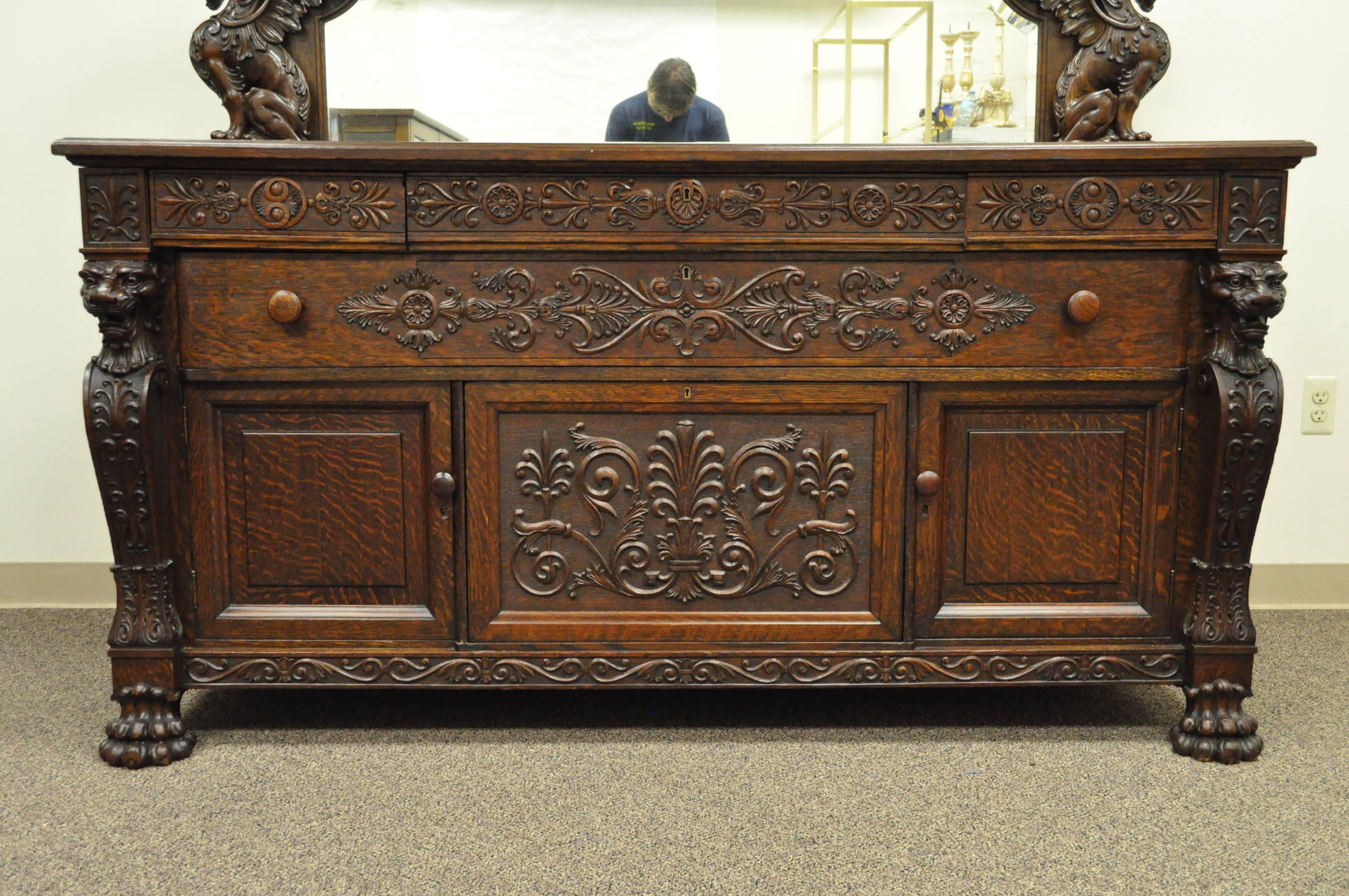 American Victorian Oak Buffet Sideboard and Mirror with Lions and Griffins attr. Horner
