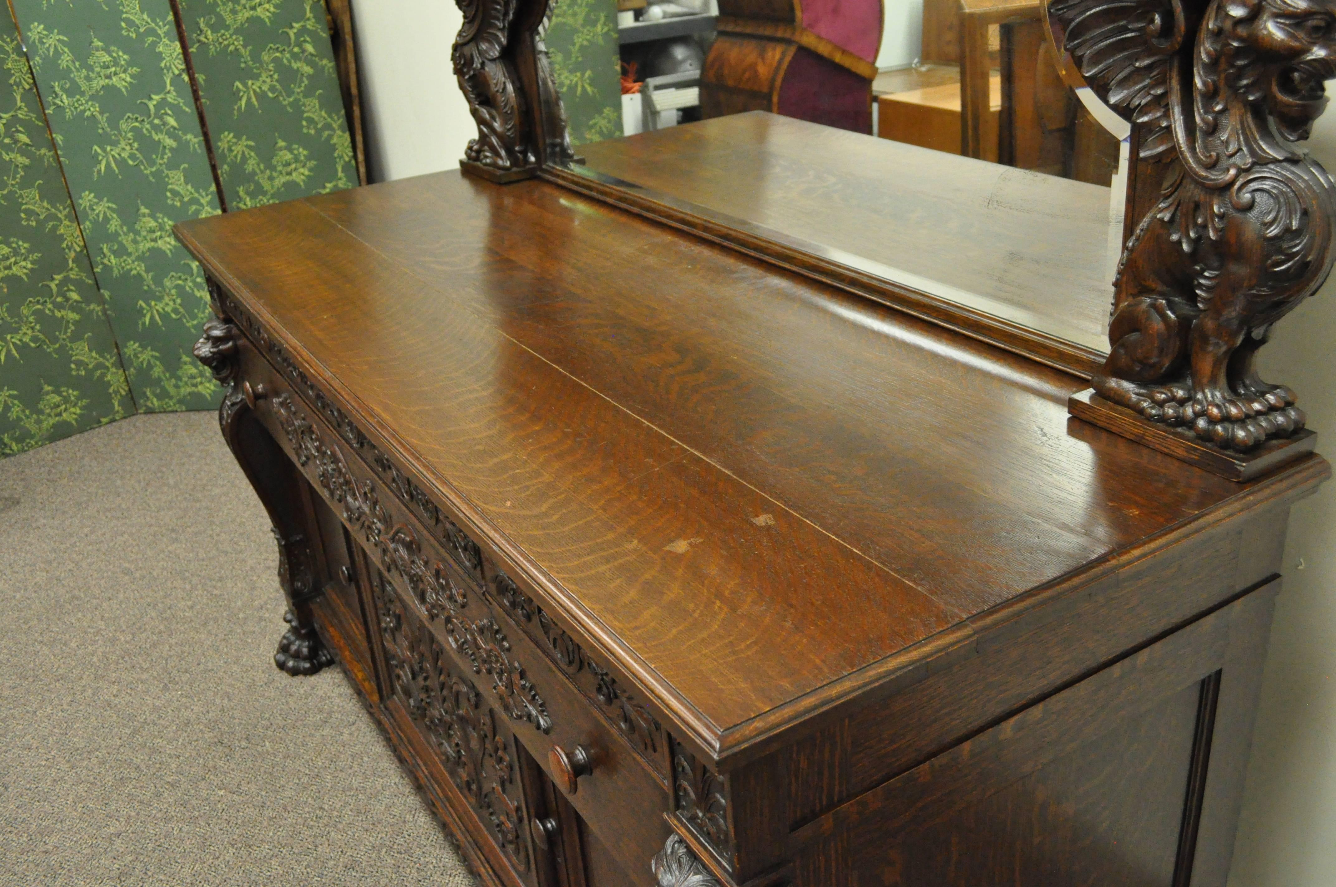 Beveled Victorian Oak Buffet Sideboard and Mirror with Lions and Griffins attr. Horner
