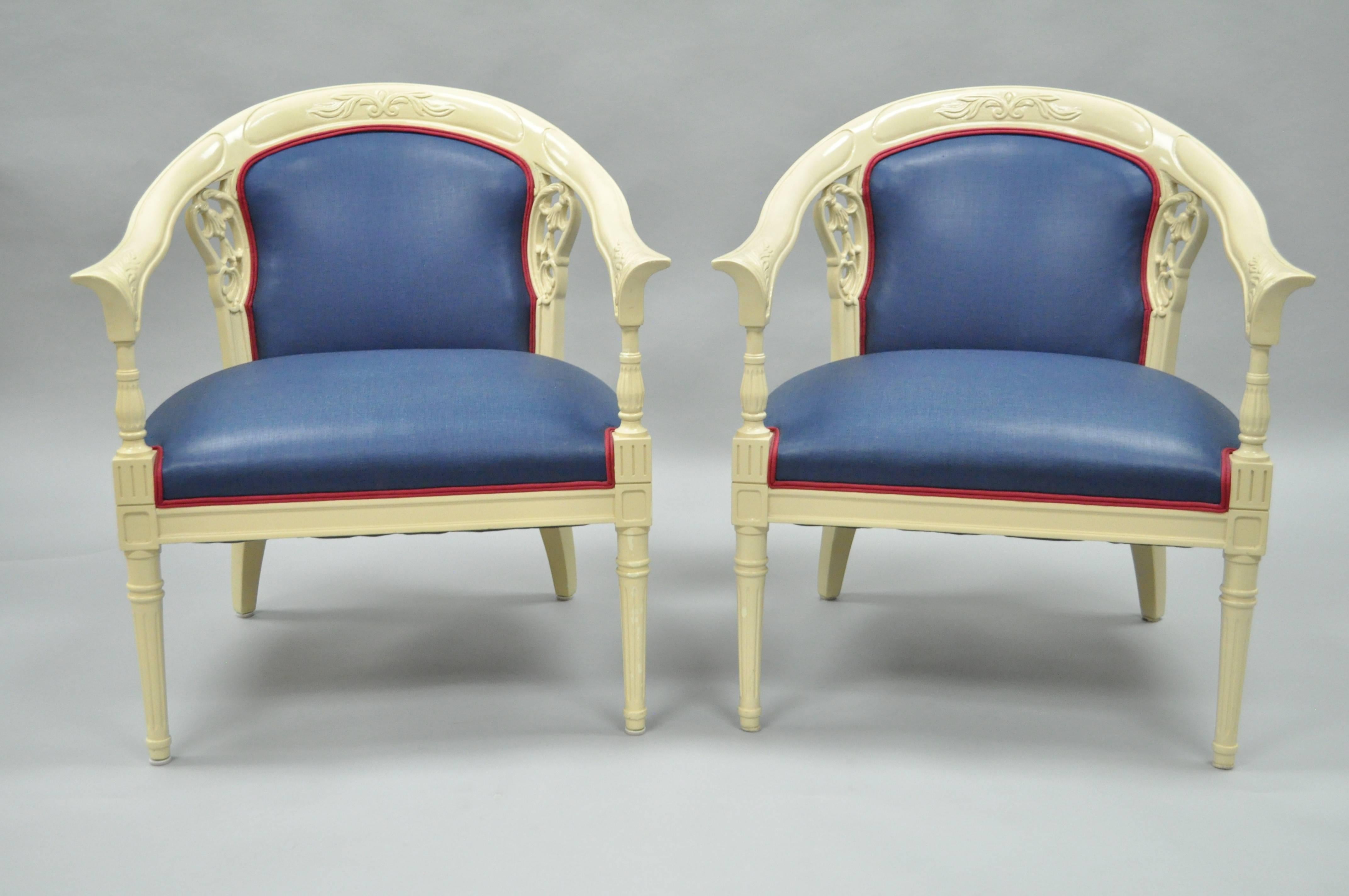 Hollywood Regency Pair of Cream Lacquered Chinoiserie Blue Barrel Back Lounge Club Arm Chairs