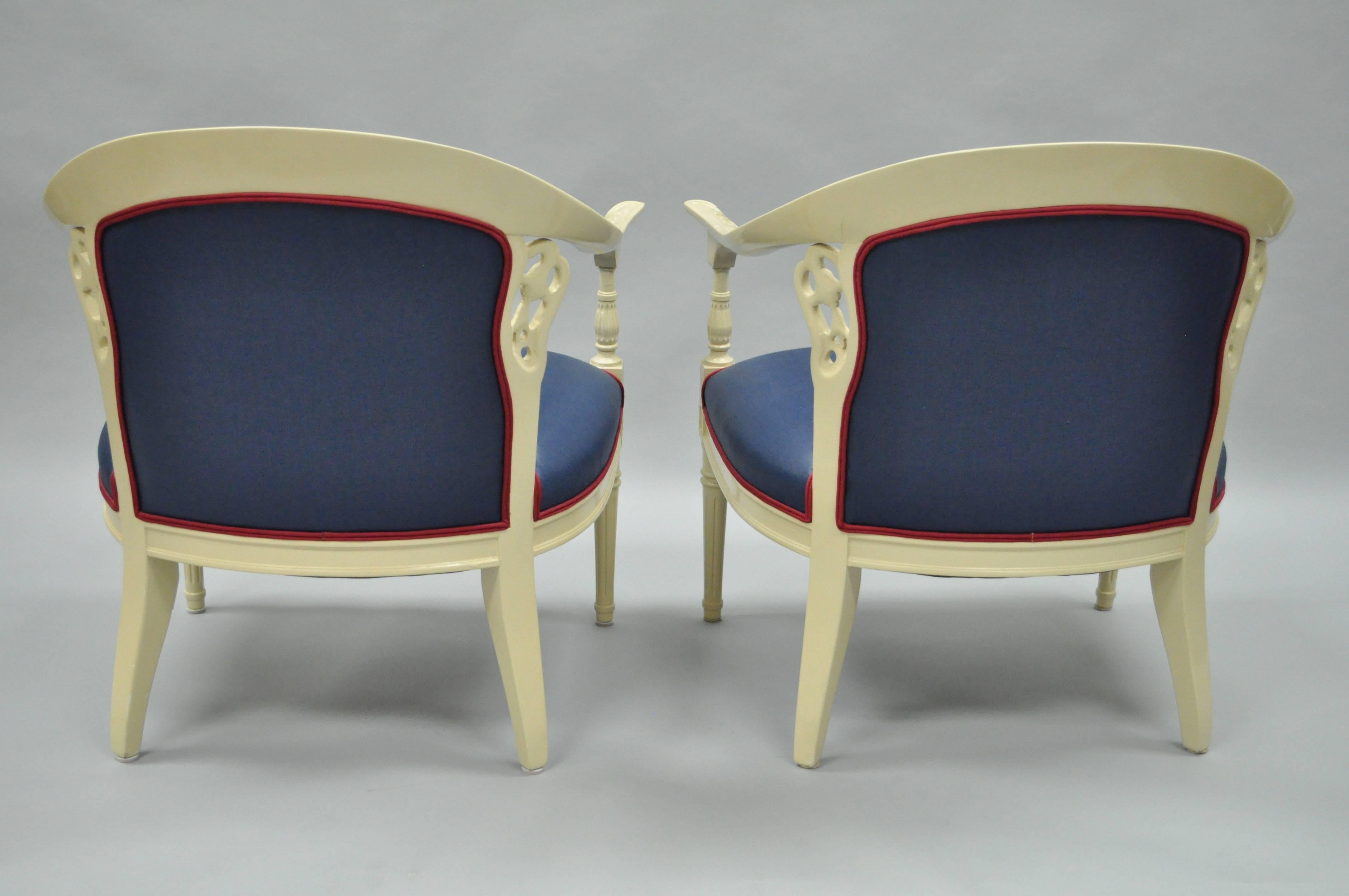 Mid-20th Century Pair of Cream Lacquered Chinoiserie Blue Barrel Back Lounge Club Arm Chairs
