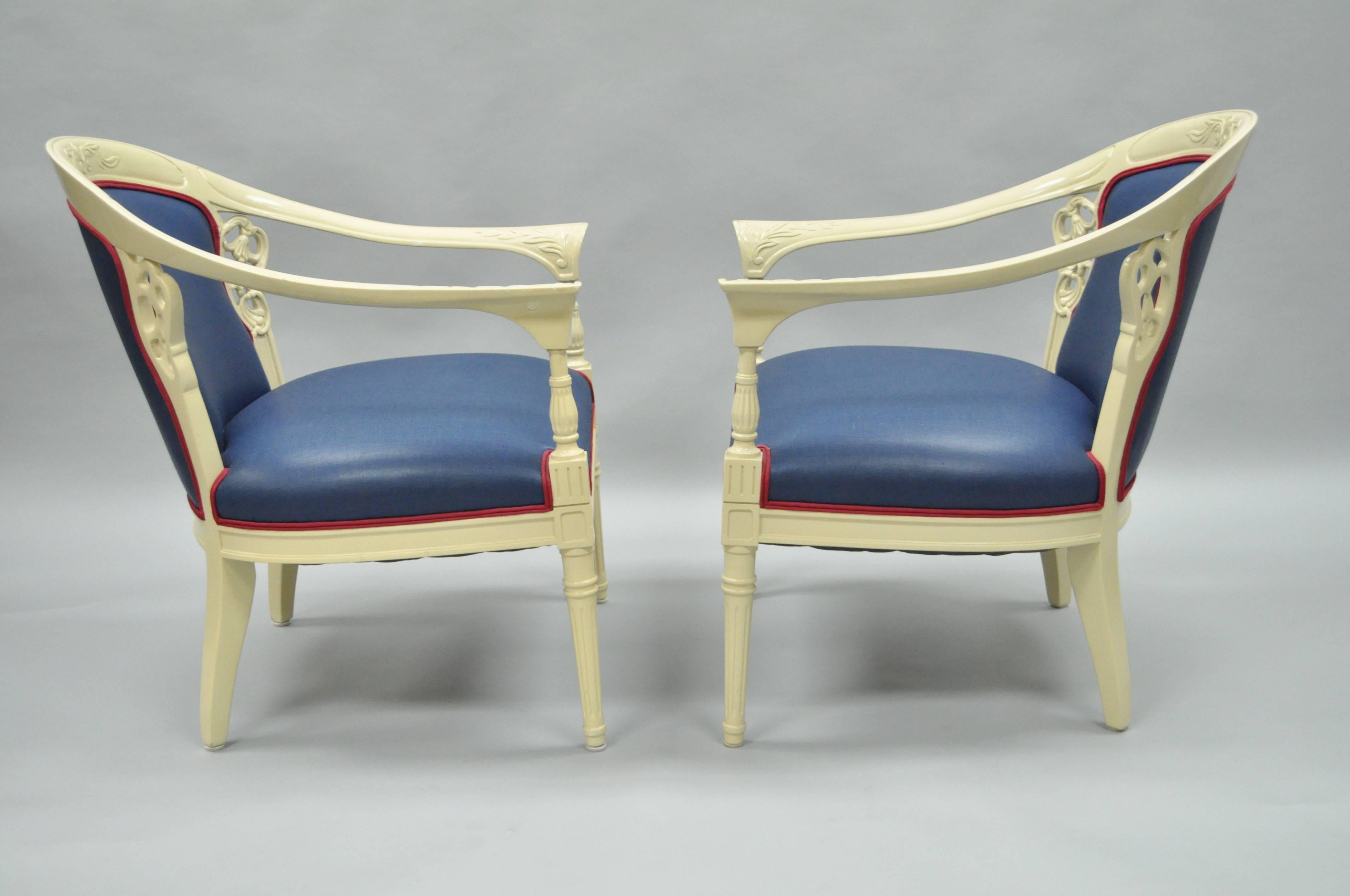 American Pair of Cream Lacquered Chinoiserie Blue Barrel Back Lounge Club Arm Chairs