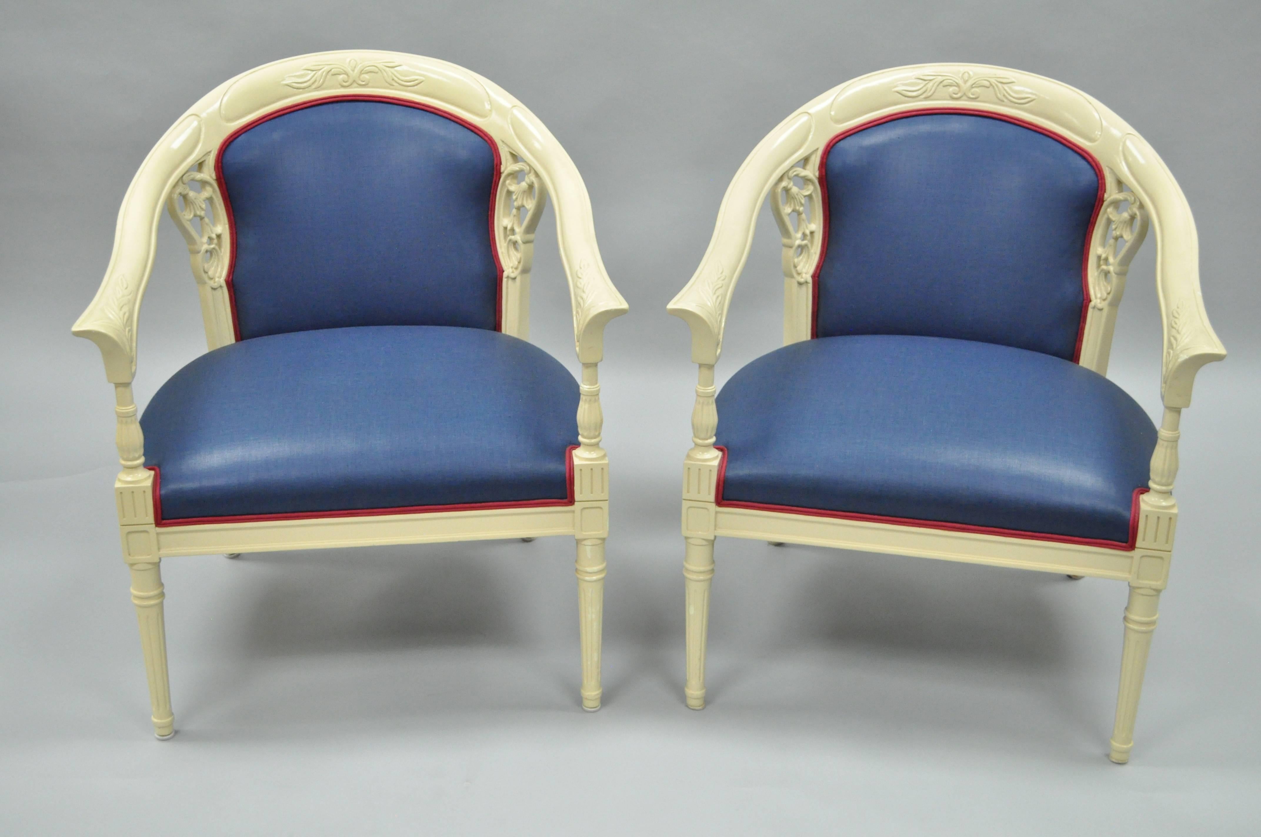 Pair of Cream Lacquered Chinoiserie Blue Barrel Back Lounge Club Arm Chairs 2