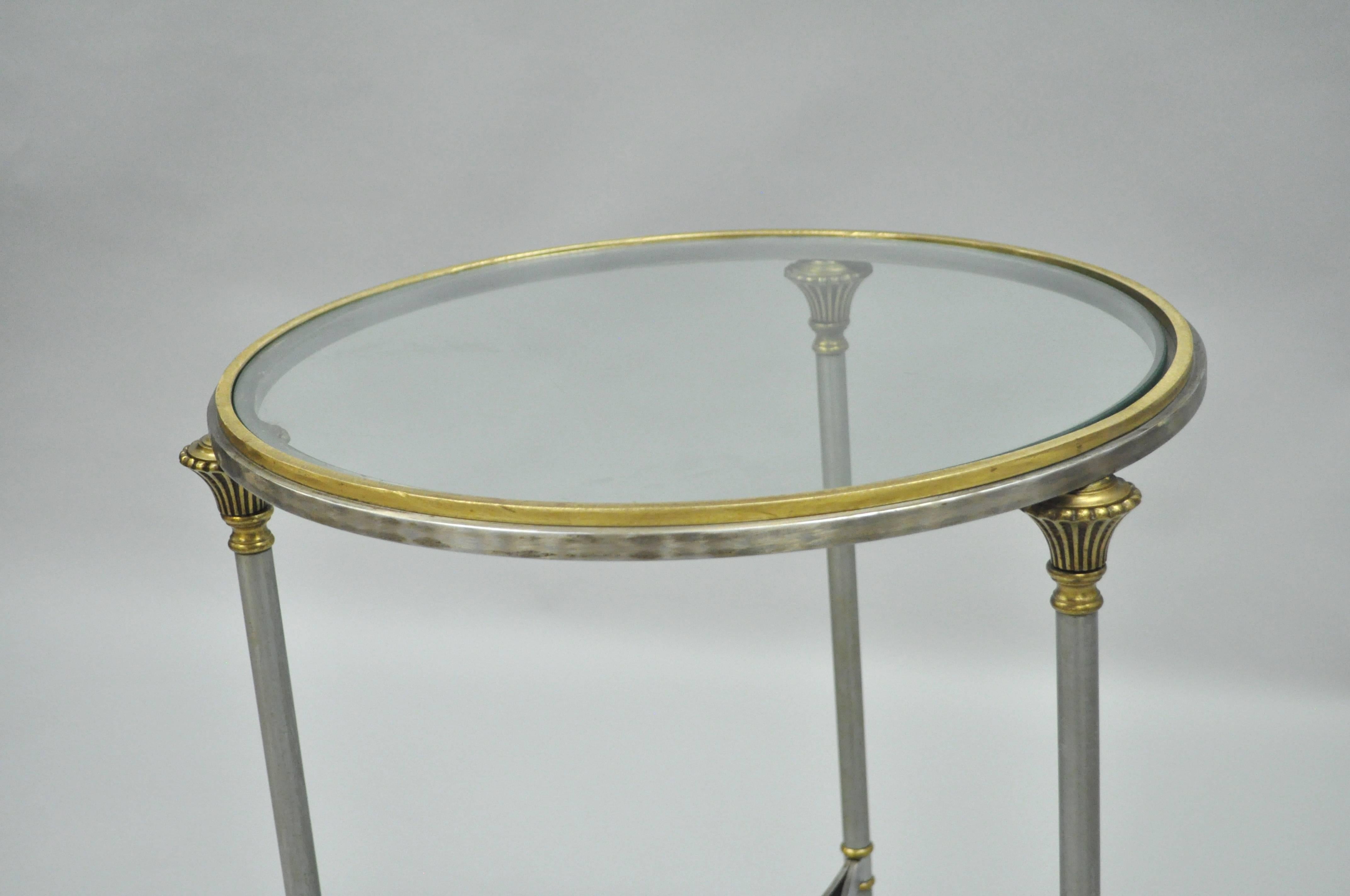 Vintage Italian Brushed Steel and Brass Round Directoire Neoclassical Side Table In Good Condition In Philadelphia, PA