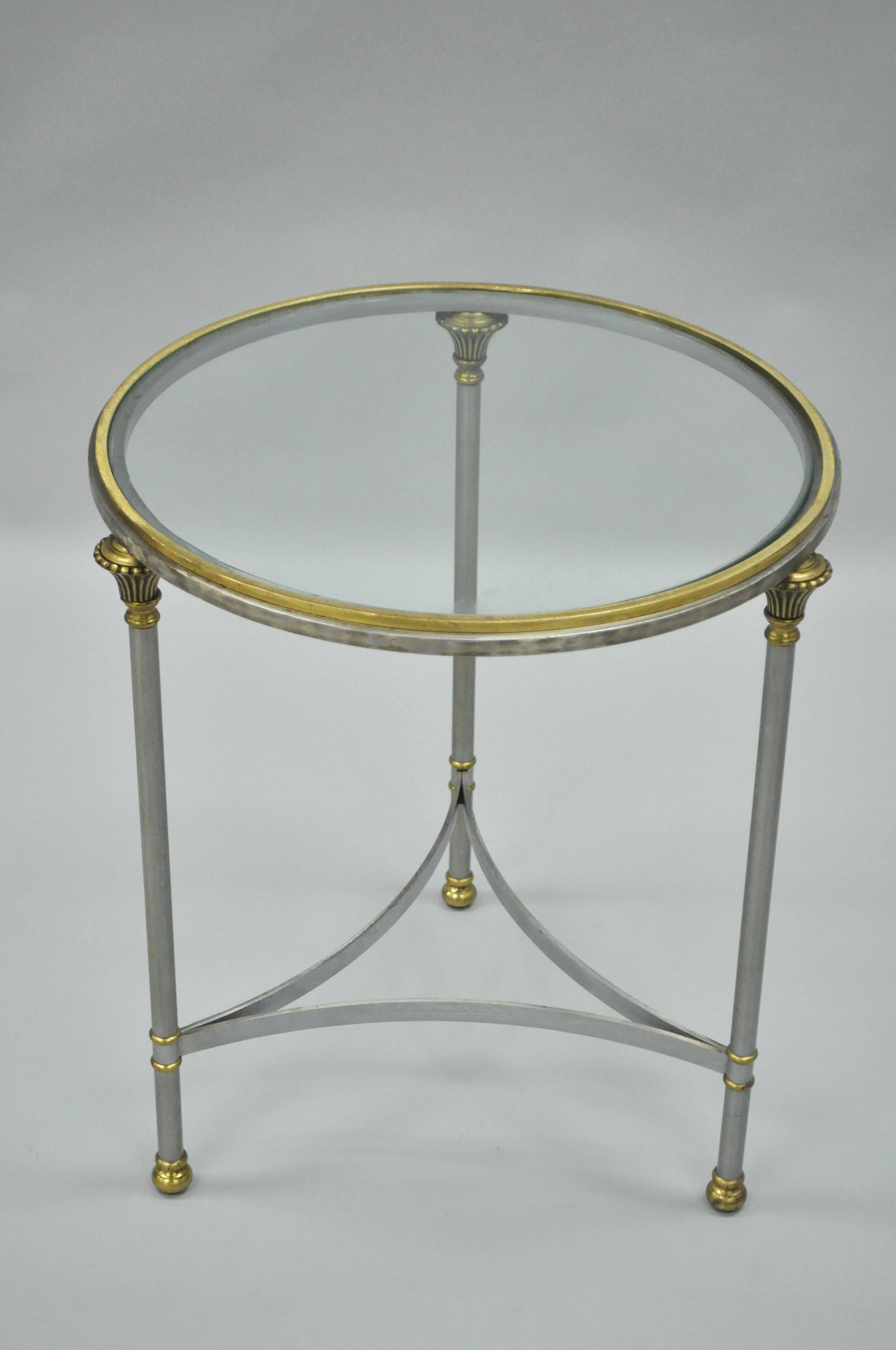 Vintage Italian Brushed Steel and Brass Round Directoire Neoclassical Side Table 3