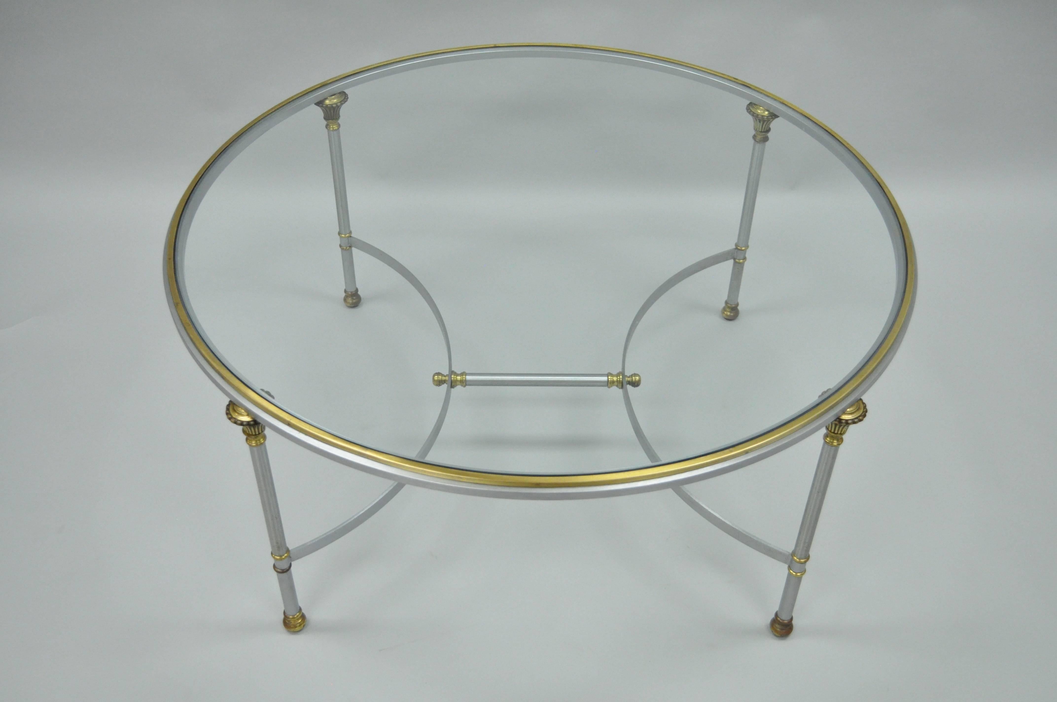 Italian Steel & Brass Round Directoire Neoclassical Coffee Table after Jansen In Good Condition For Sale In Philadelphia, PA
