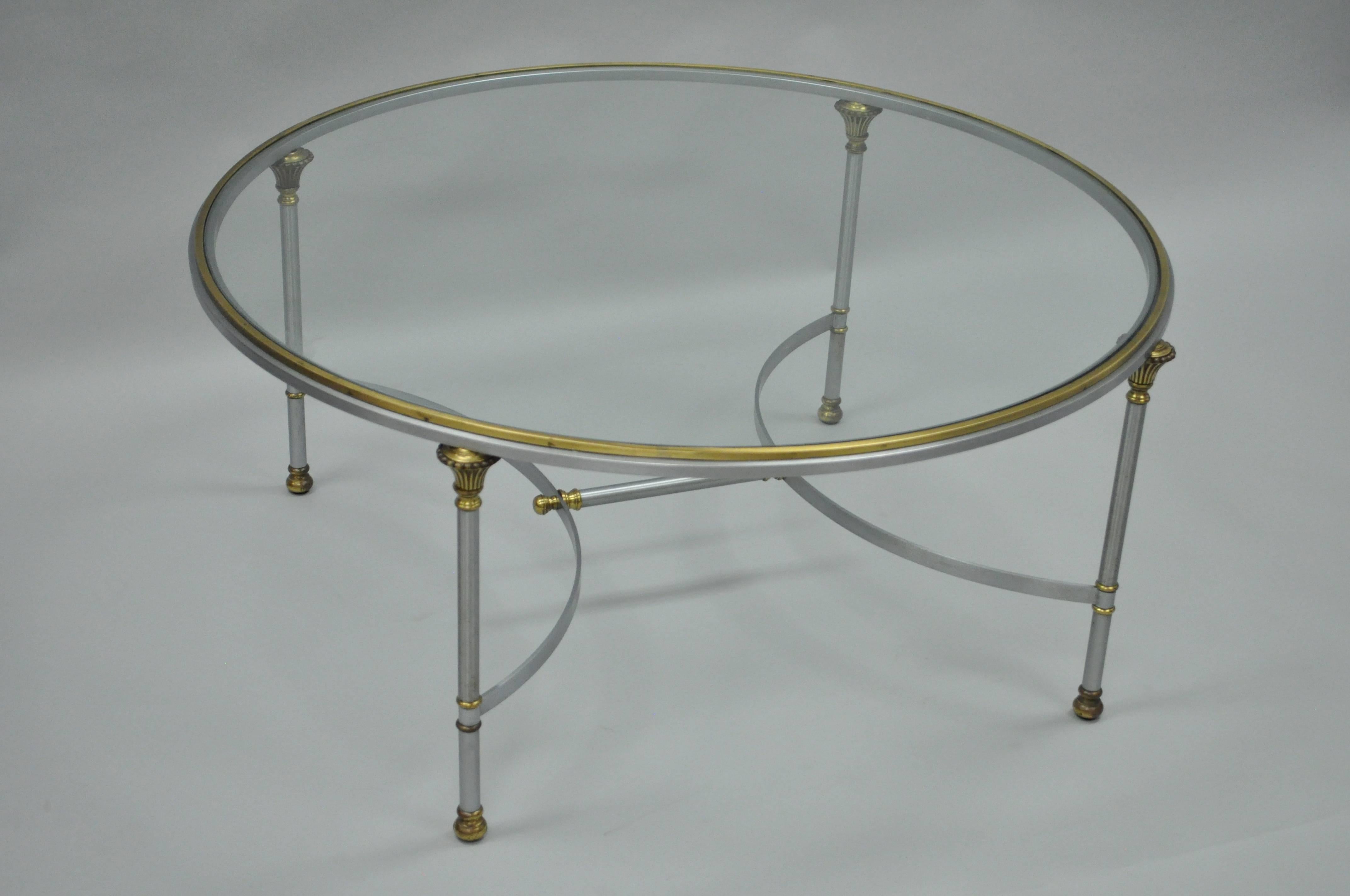 Italian Steel & Brass Round Directoire Neoclassical Coffee Table after Jansen For Sale 2