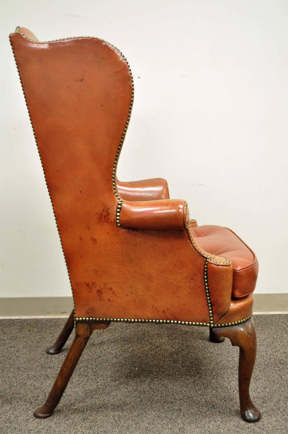 Antique 19th Century Burnt Orange Distressed Leather English Wingback