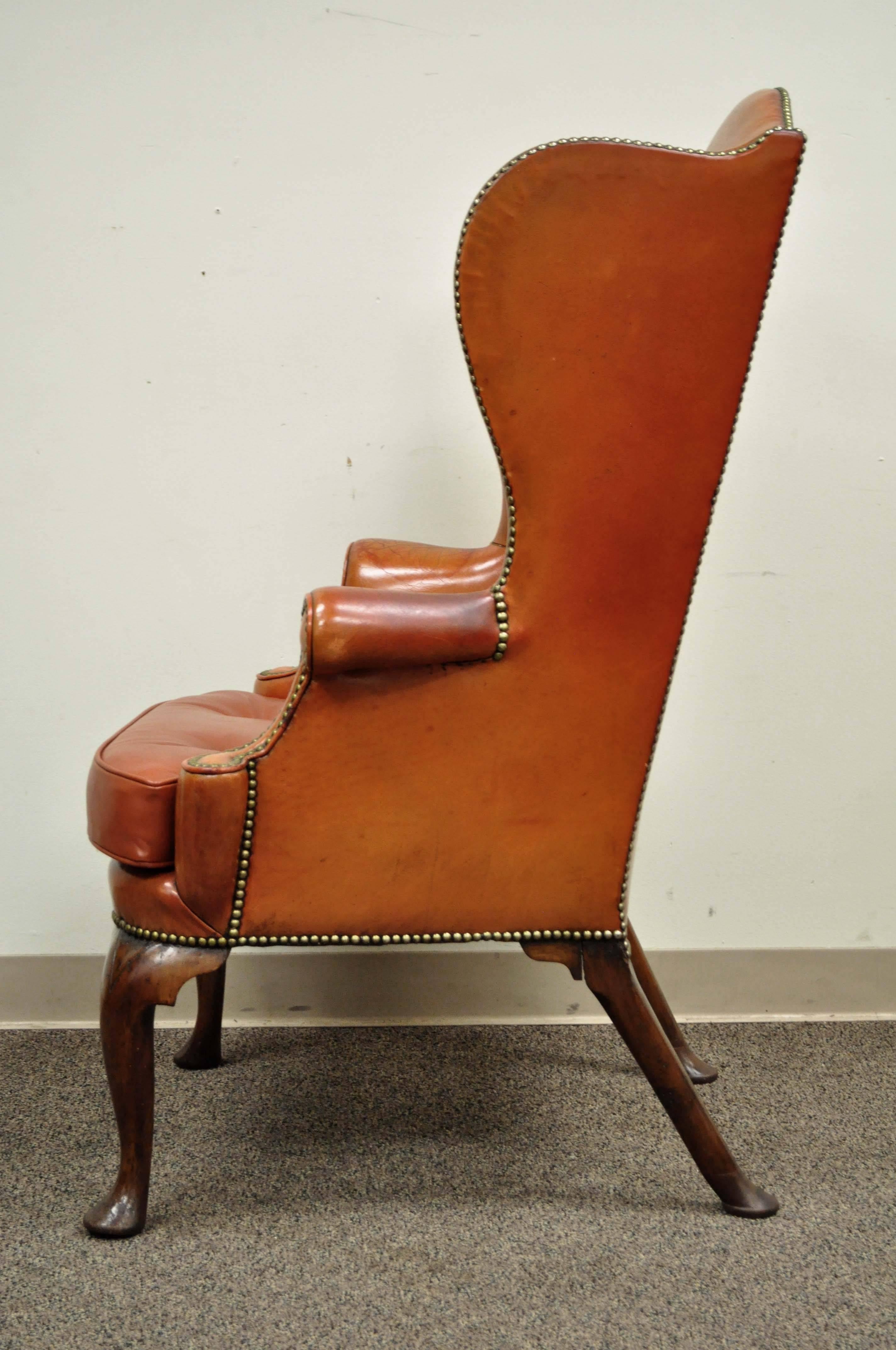 Antique 19th Century Burnt Orange Distressed Leather English Wingback Chair 2