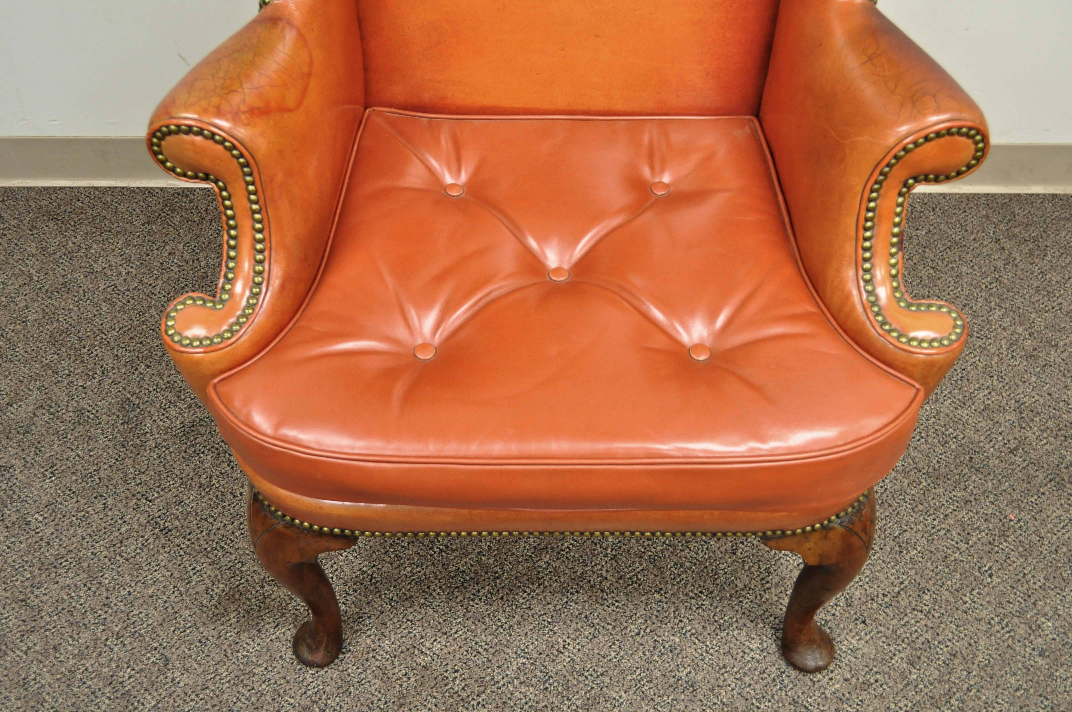 Antique 19th Century Burnt Orange Distressed Leather English Wingback Chair 1
