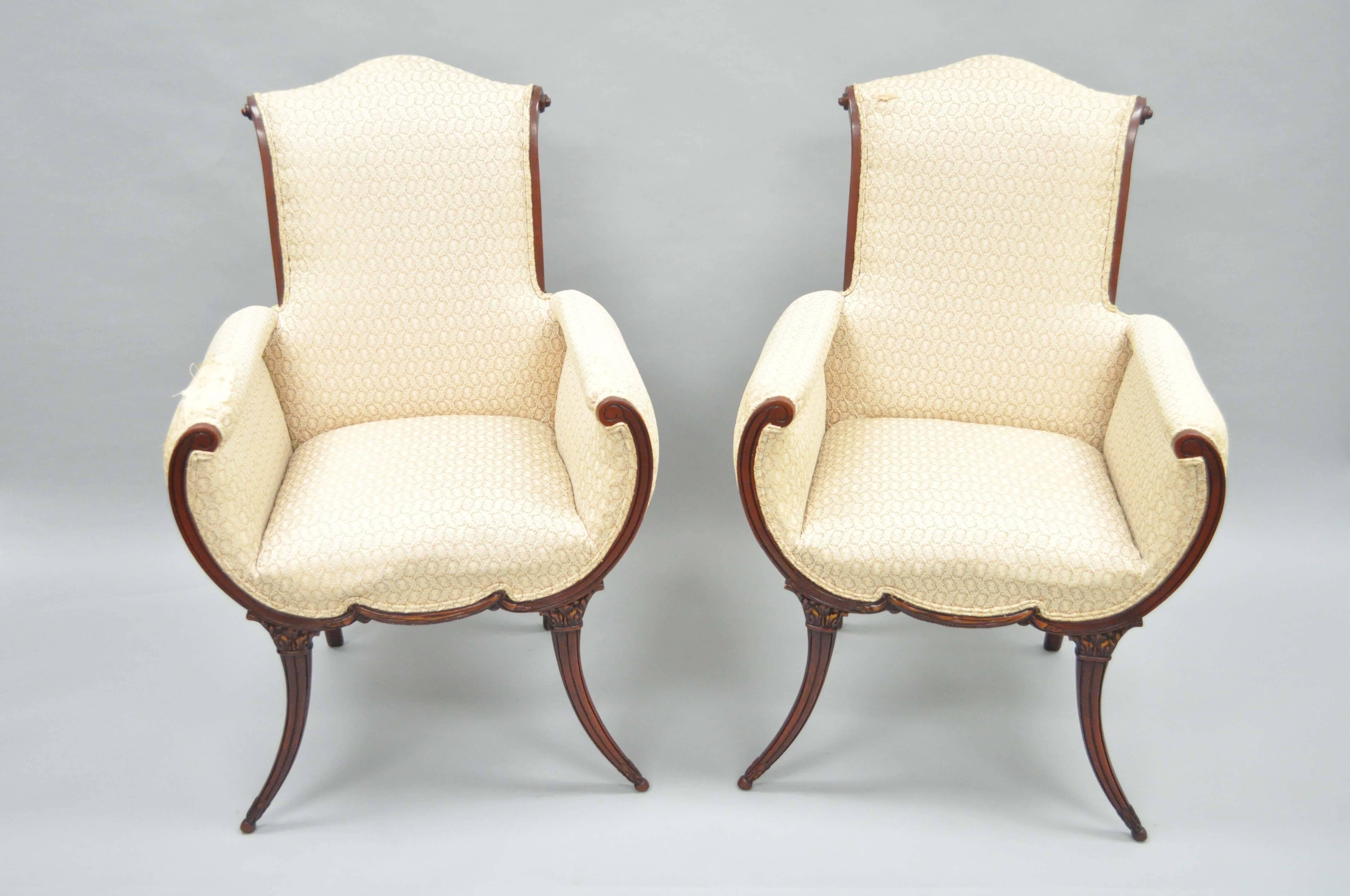 Pair Hollywood Regency French Victorian Mahogany Saber Leg Fireside Arm Chairs In Good Condition For Sale In Philadelphia, PA