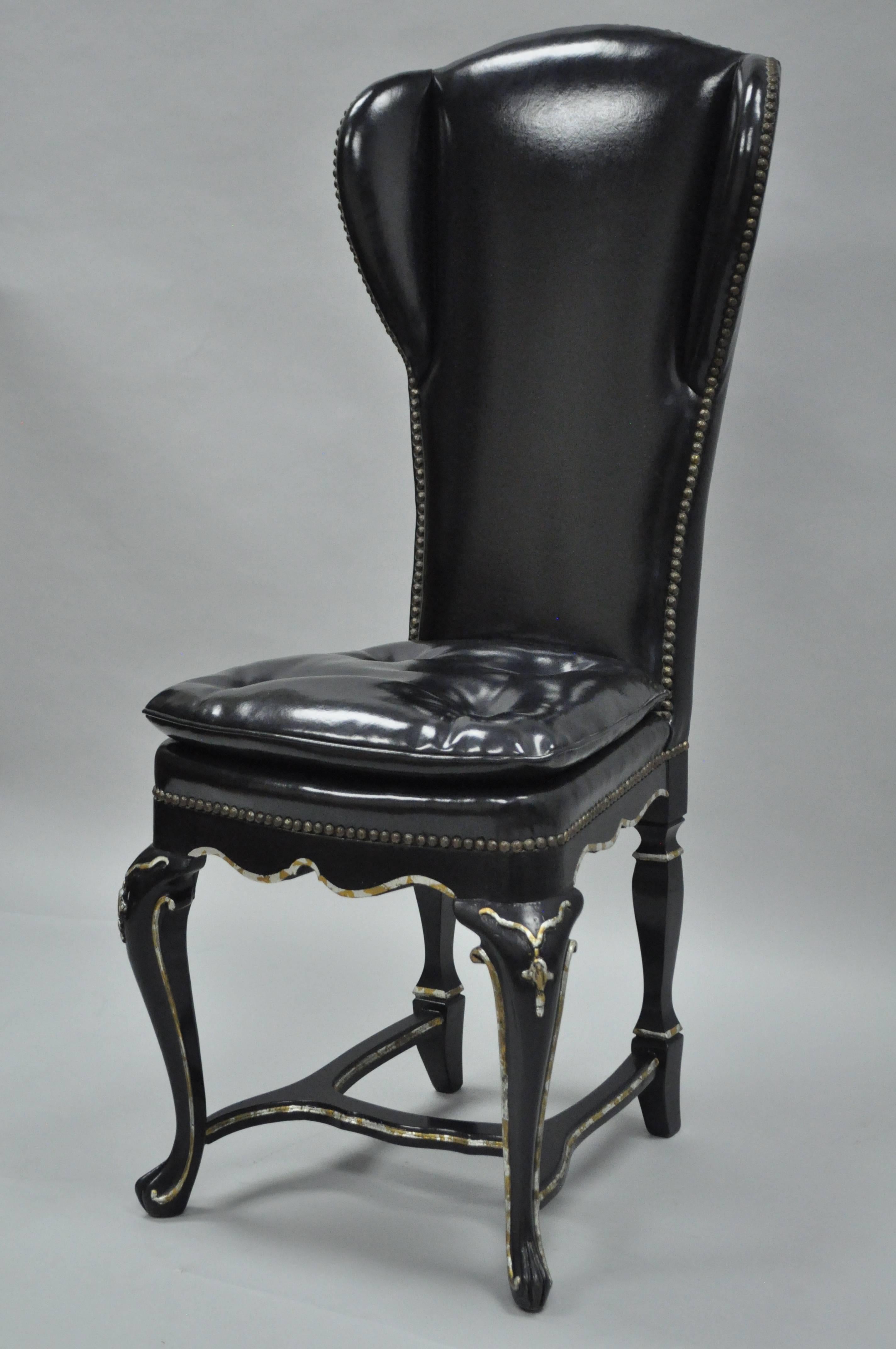 Ebonized Black Lacquer Swedish Rococo Style Empire Wingback Accent Side Chair 3