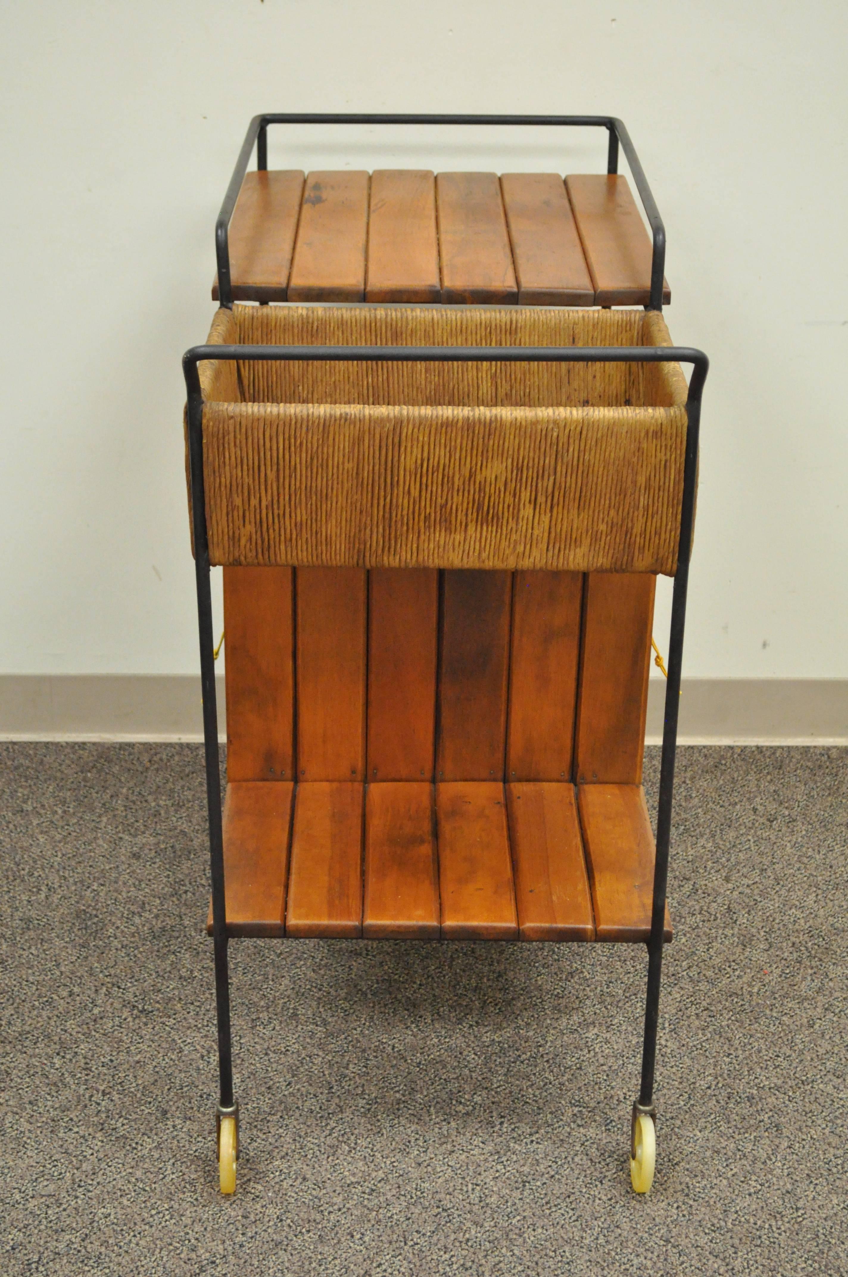 Vintage Arthur Umanoff Mid-Century Modern Tiki Bar Cart in Wrought Iron and Rush 1