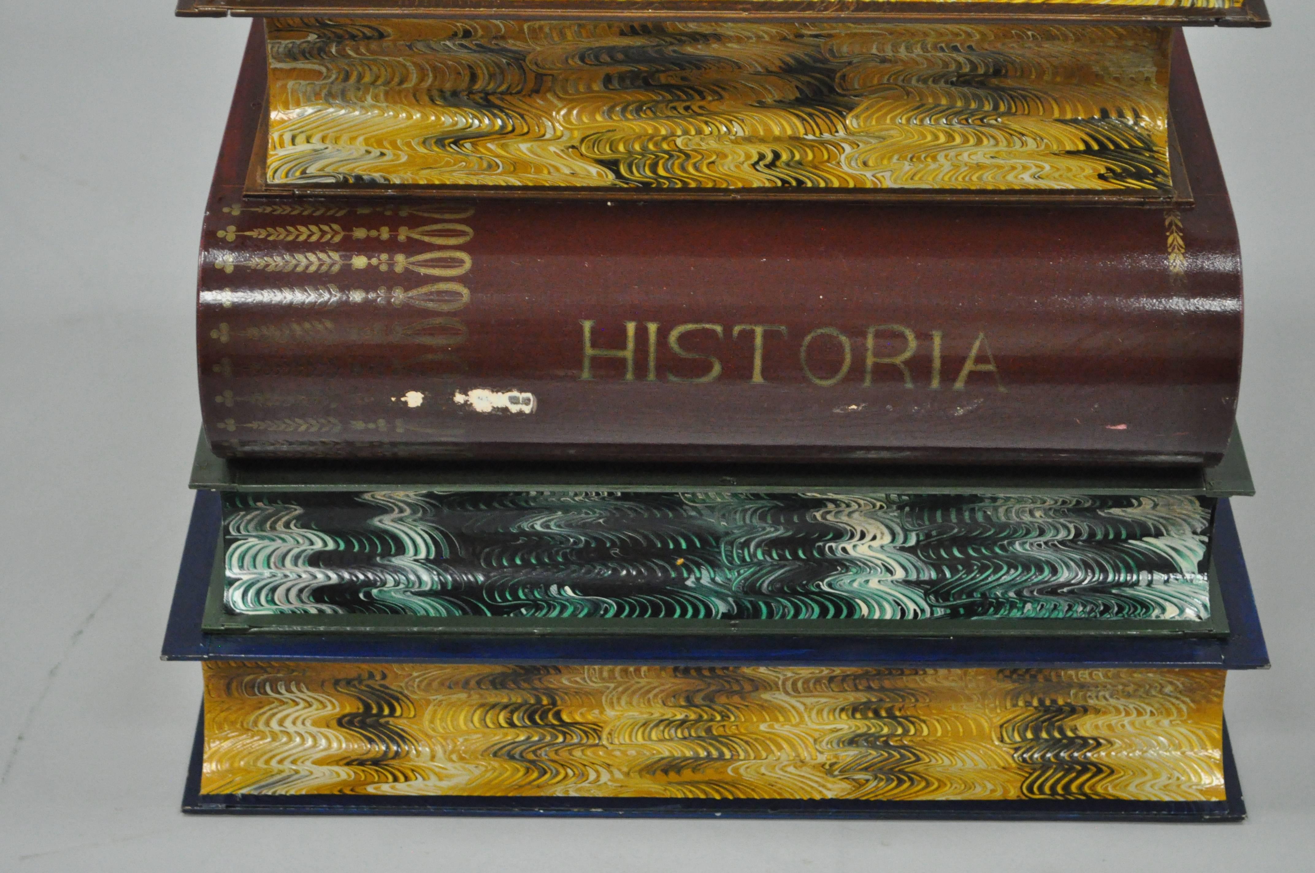 Italian Tole Metal Painted Stacked Book Form Flip Top Side Accent End Table In Good Condition In Philadelphia, PA