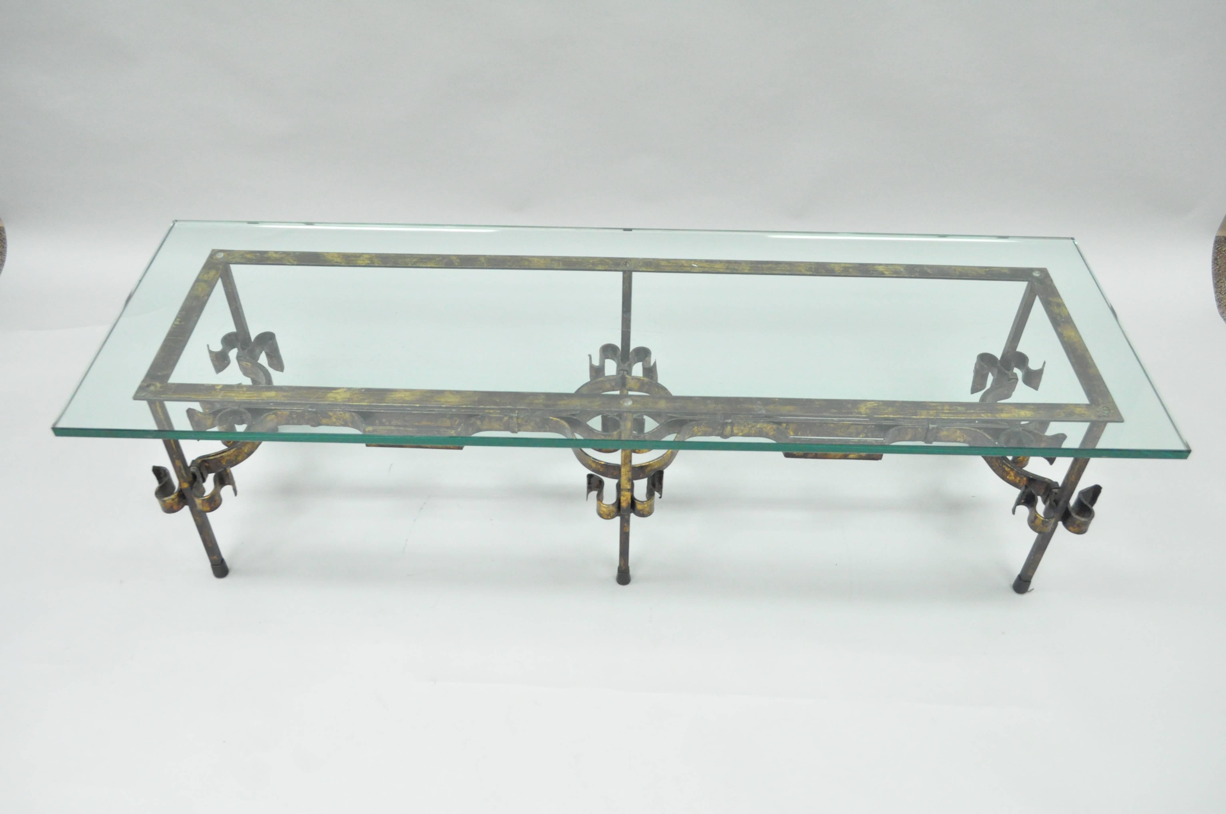 Gothic Hollywood Regency Gold Gilt Scrolling Iron Rectangular Glass Coffee Table In Good Condition In Philadelphia, PA