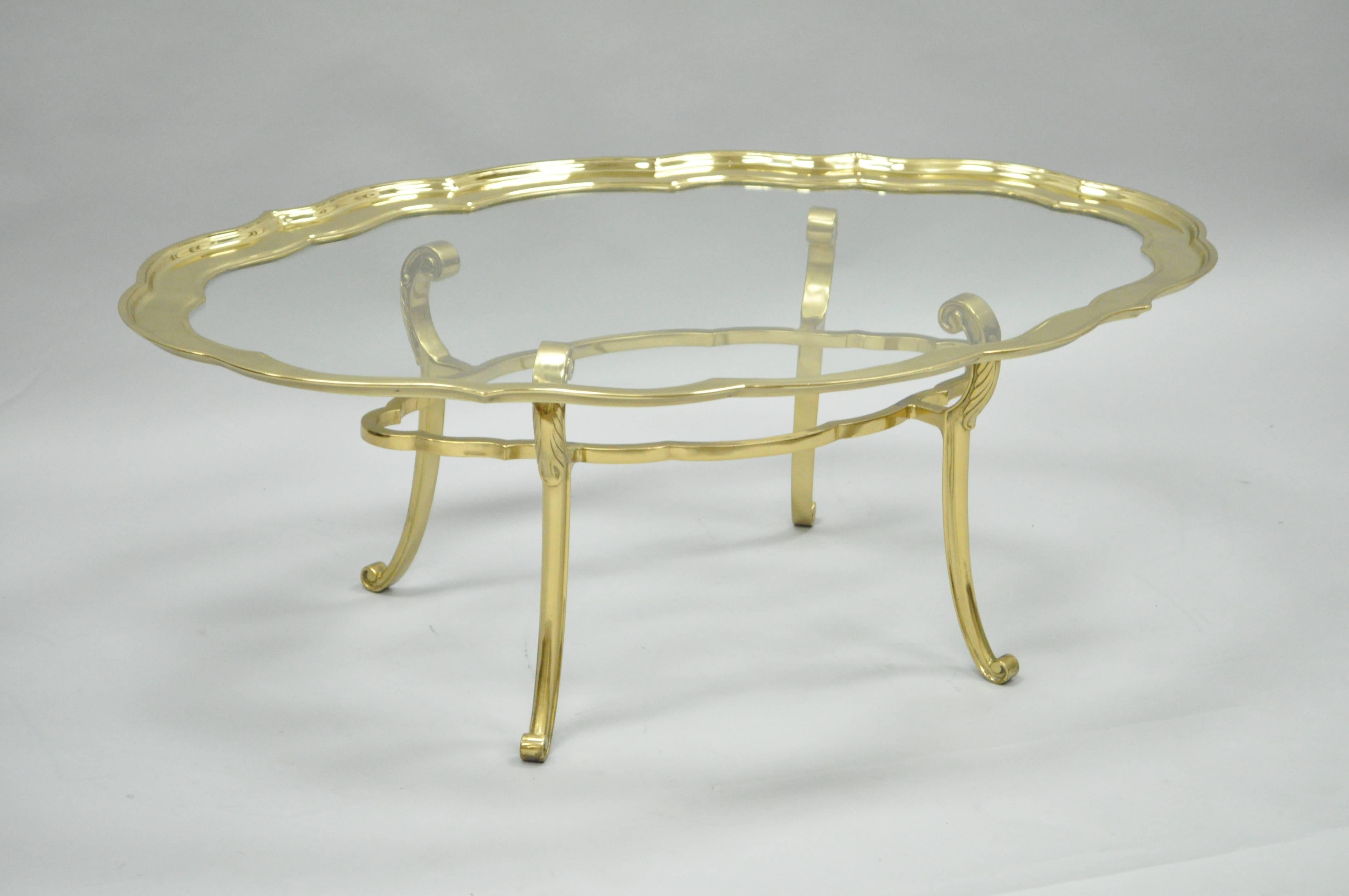 Regency Brass & Glass Serving Scalloped Tray Turtle Top Coffee Table Attr. Baker 1