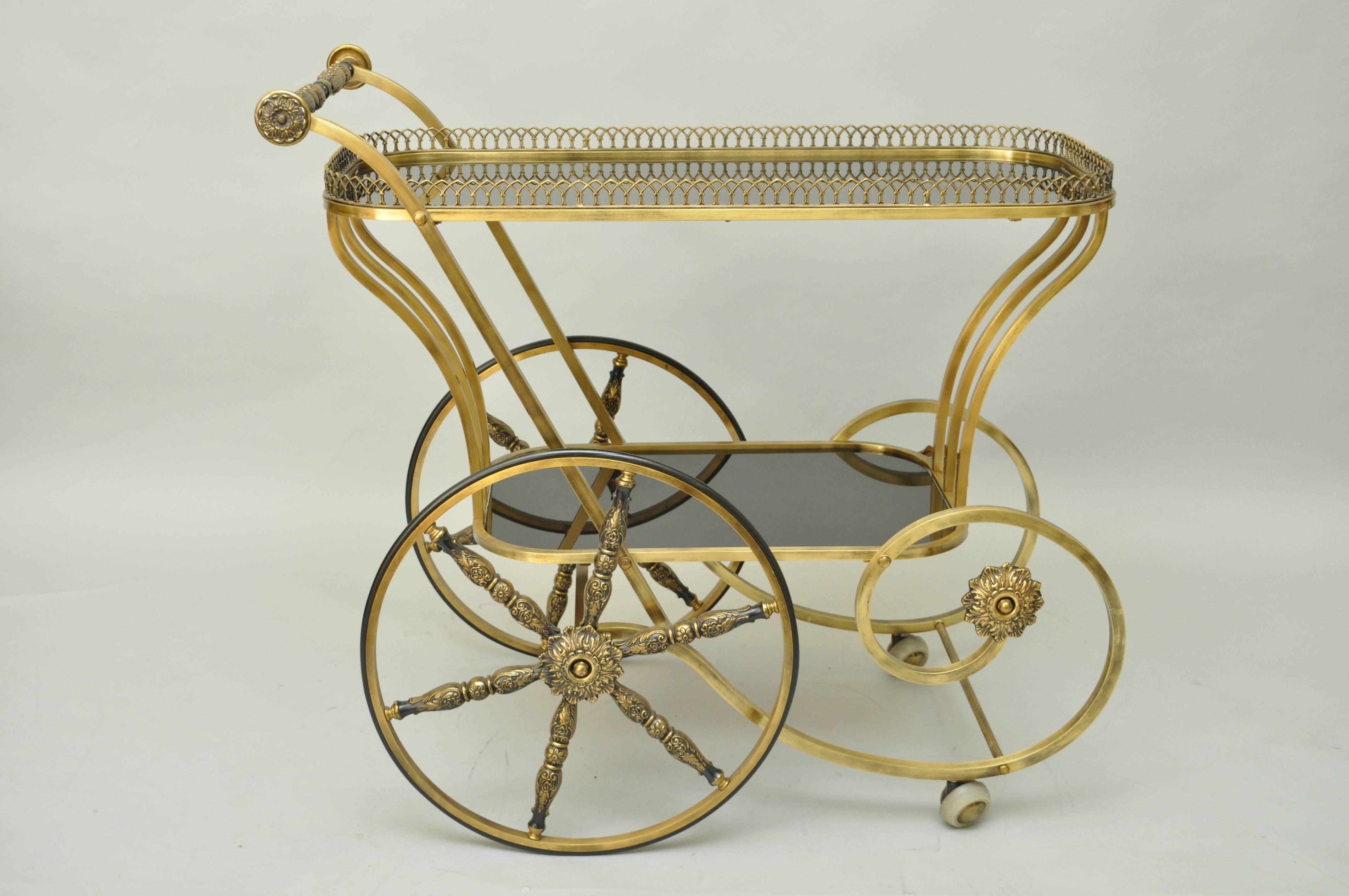 Italian Hollywood Regency Scrolling Brass and Glass Rolling Serving Bar Tea Cart 5
