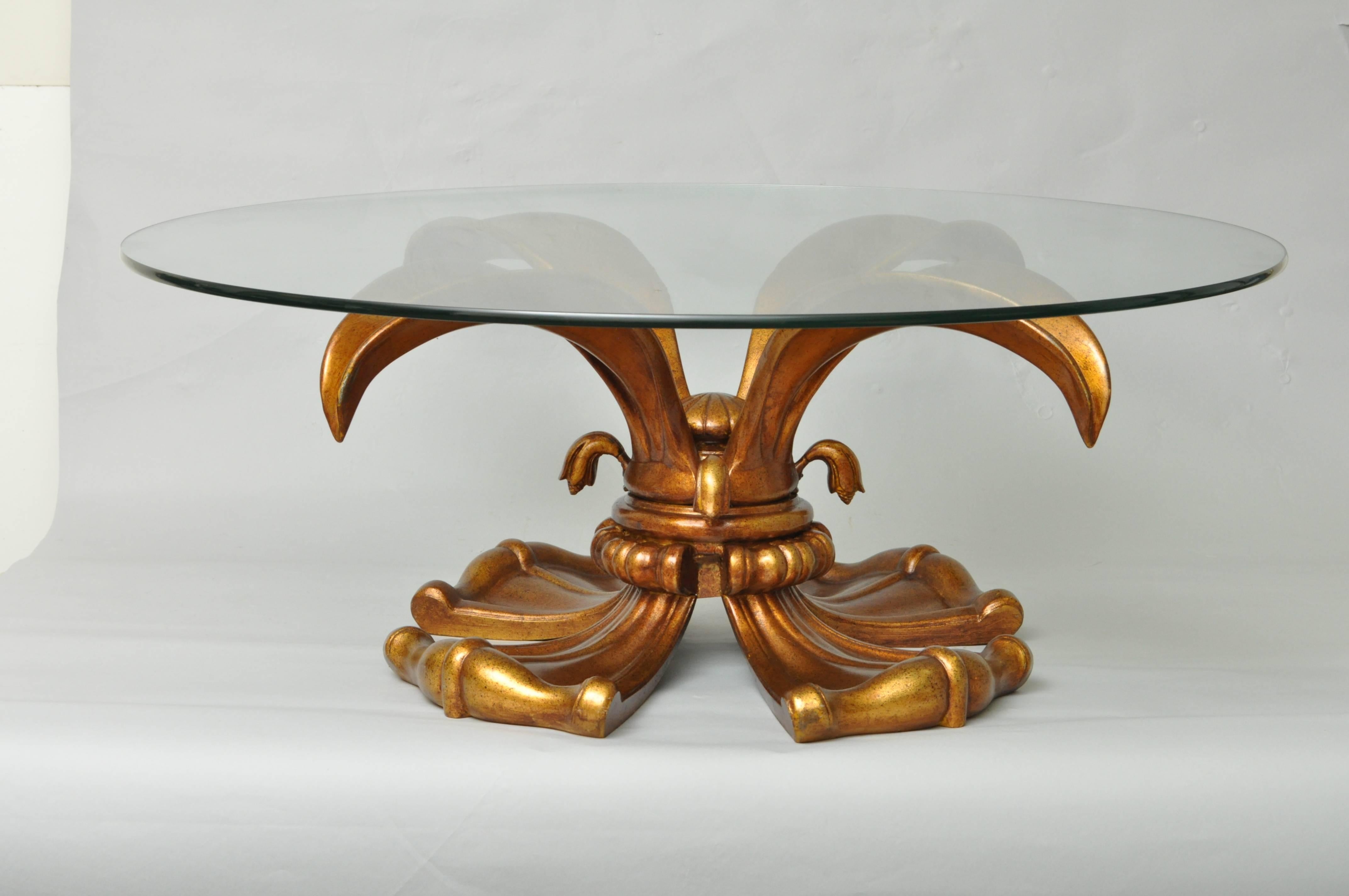 Rare vintage Hollywood Regency gold gilt metal lotus or lily round coffee table attributed to Arthur Court. Item features a 38
