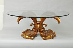 Hollywood Regency Gold Cast Aluminum Lotus Lily Pedestal Round Coffee Table
