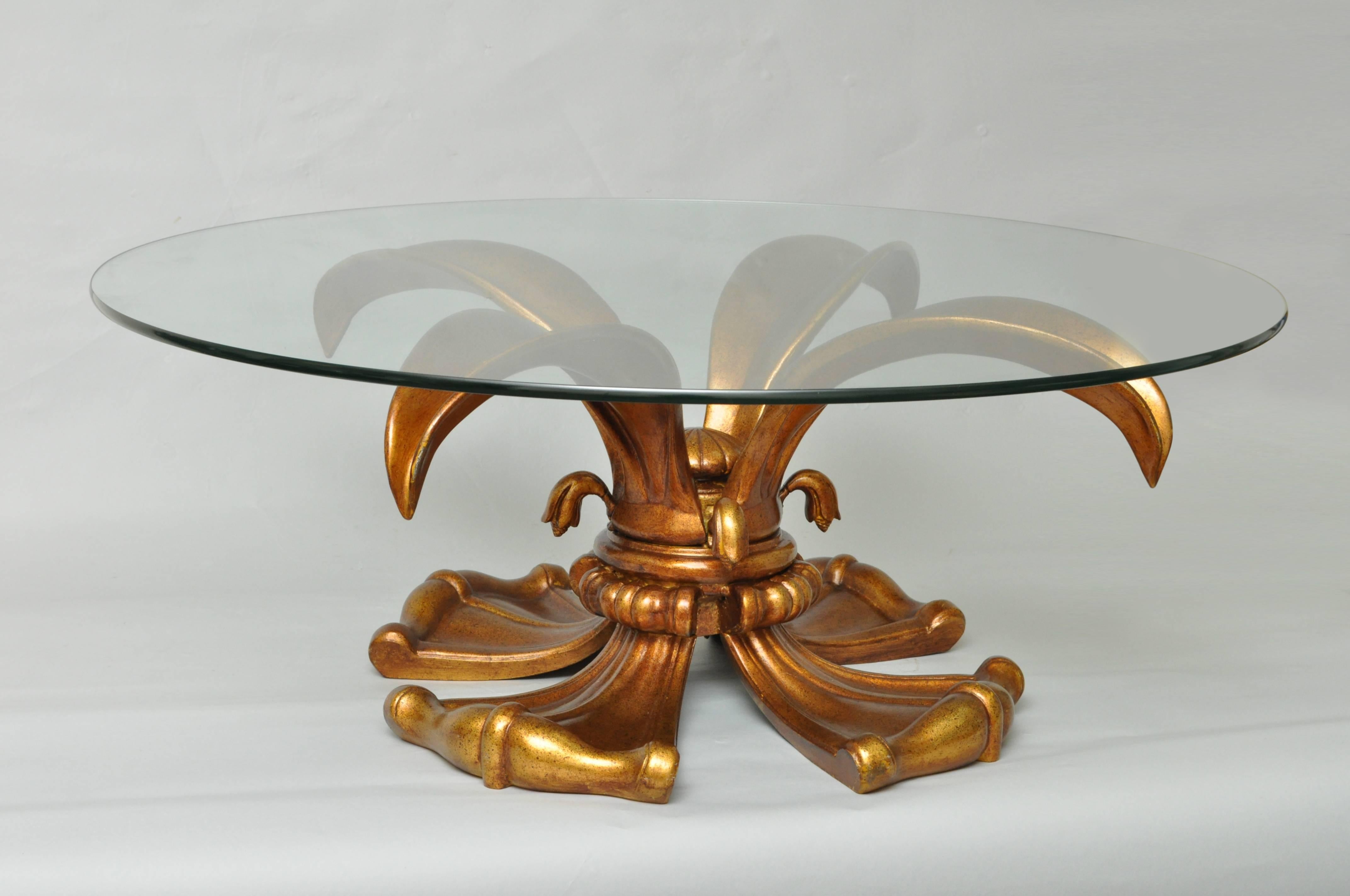 American Hollywood Regency Gold Cast Aluminum Lotus Lily Pedestal Round Coffee Table