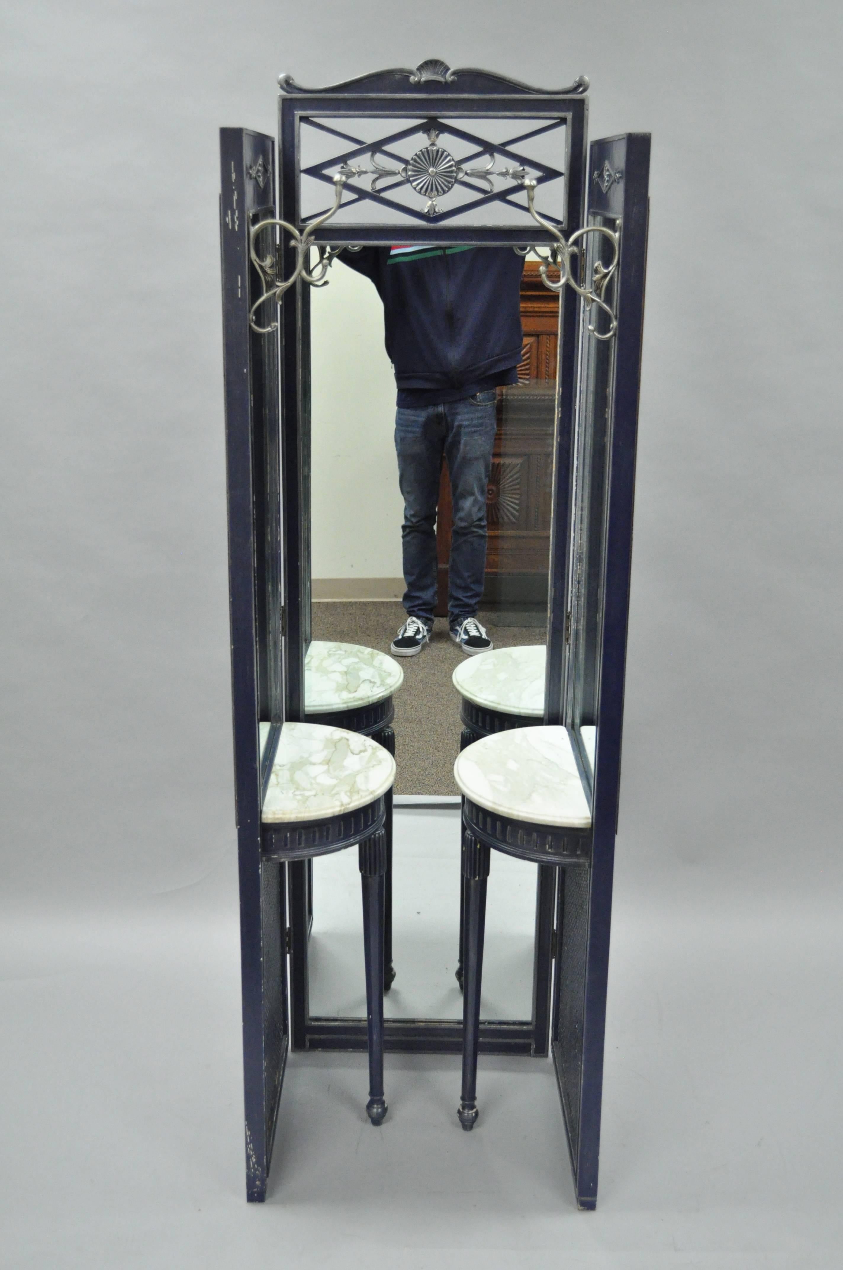 French Louis XVI Style Blue & Silver Full Length Tri Fold Dressing Mirror Vanity 2