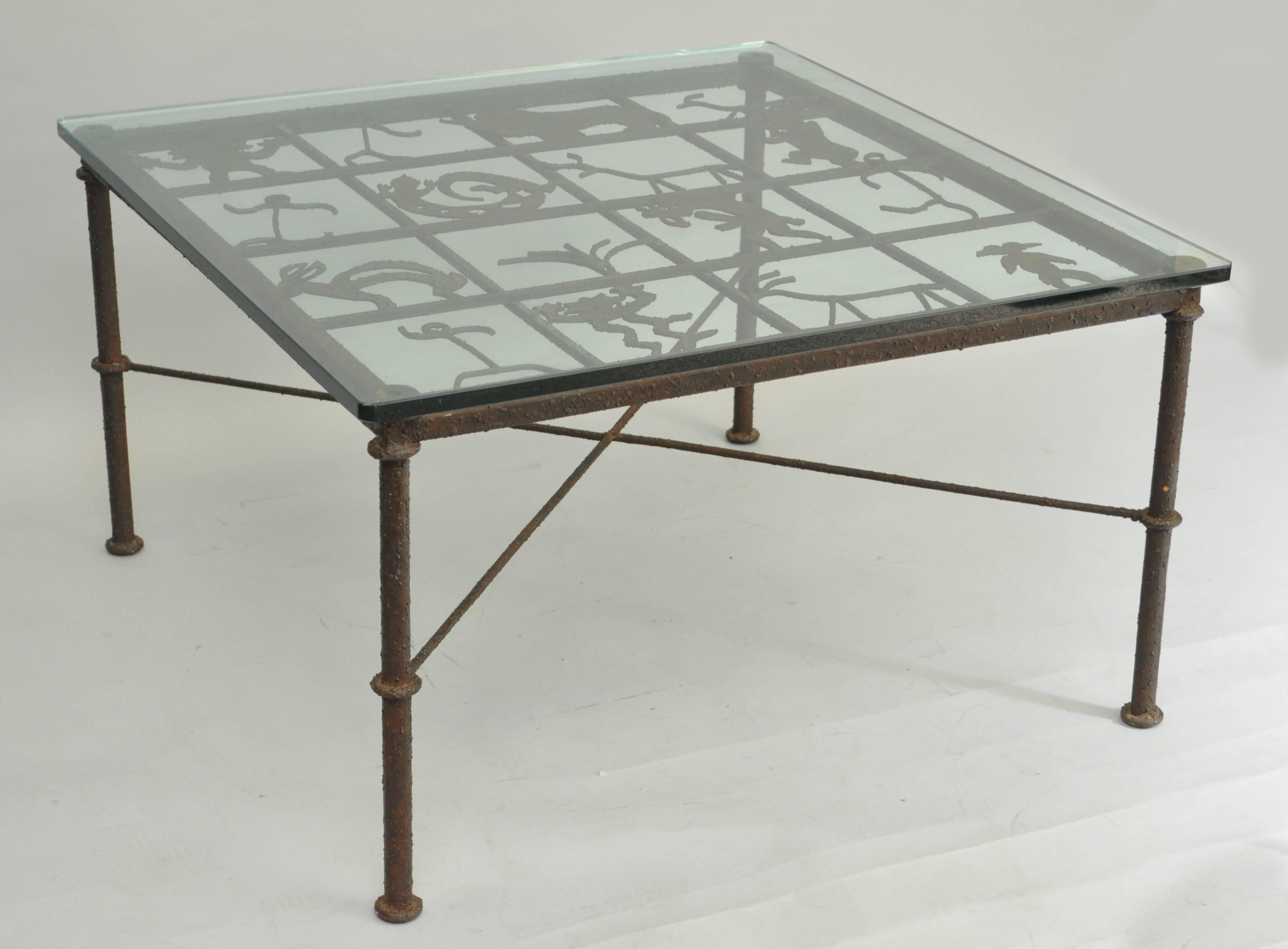 Metal and Glass Square Brutalist Coffee Table with Native American Glyph Figures For Sale 2